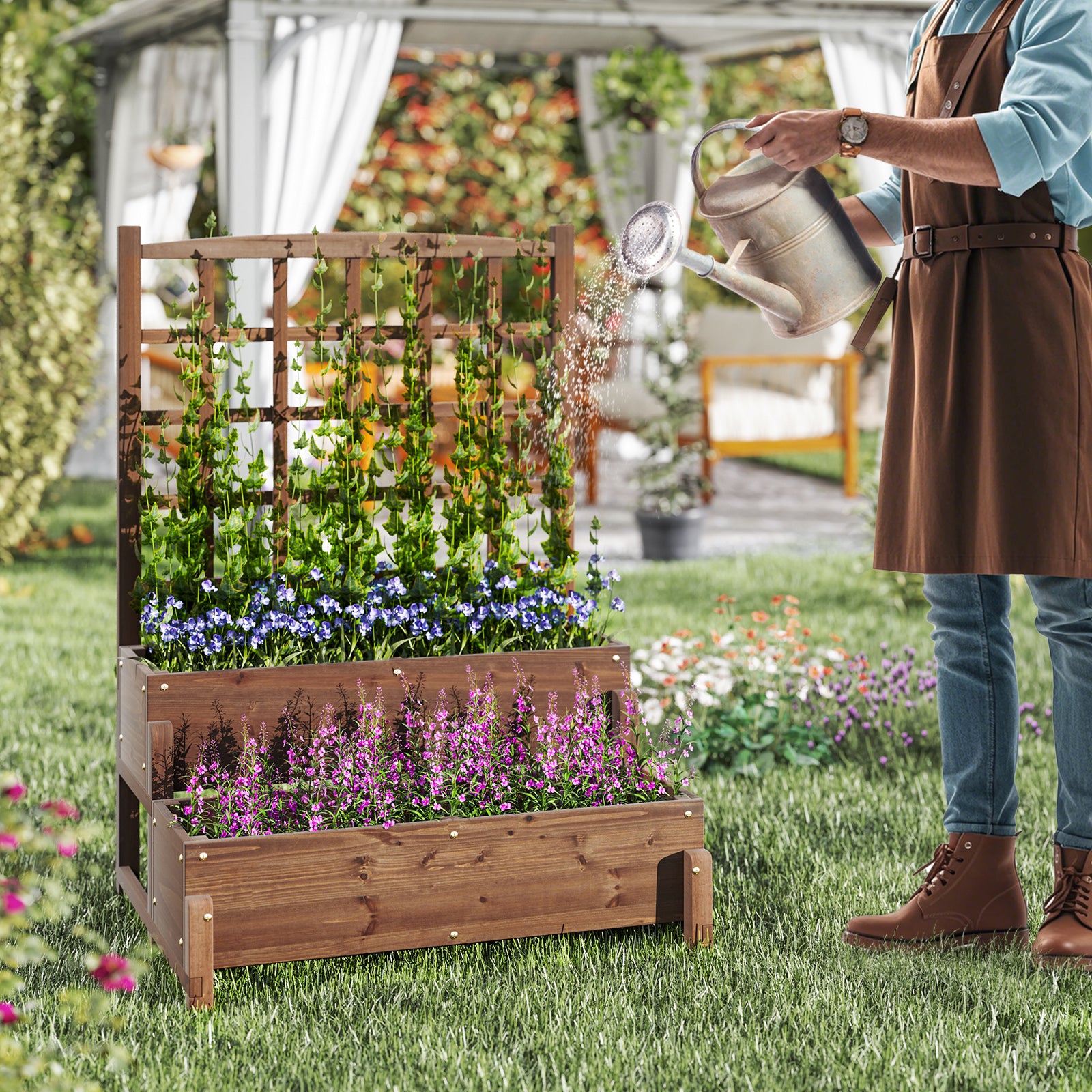 wood planter box with trellis Raised Garden Bed with Trellis 2-tier Wood Planter Box with Drainage H – LUV MY PATIO