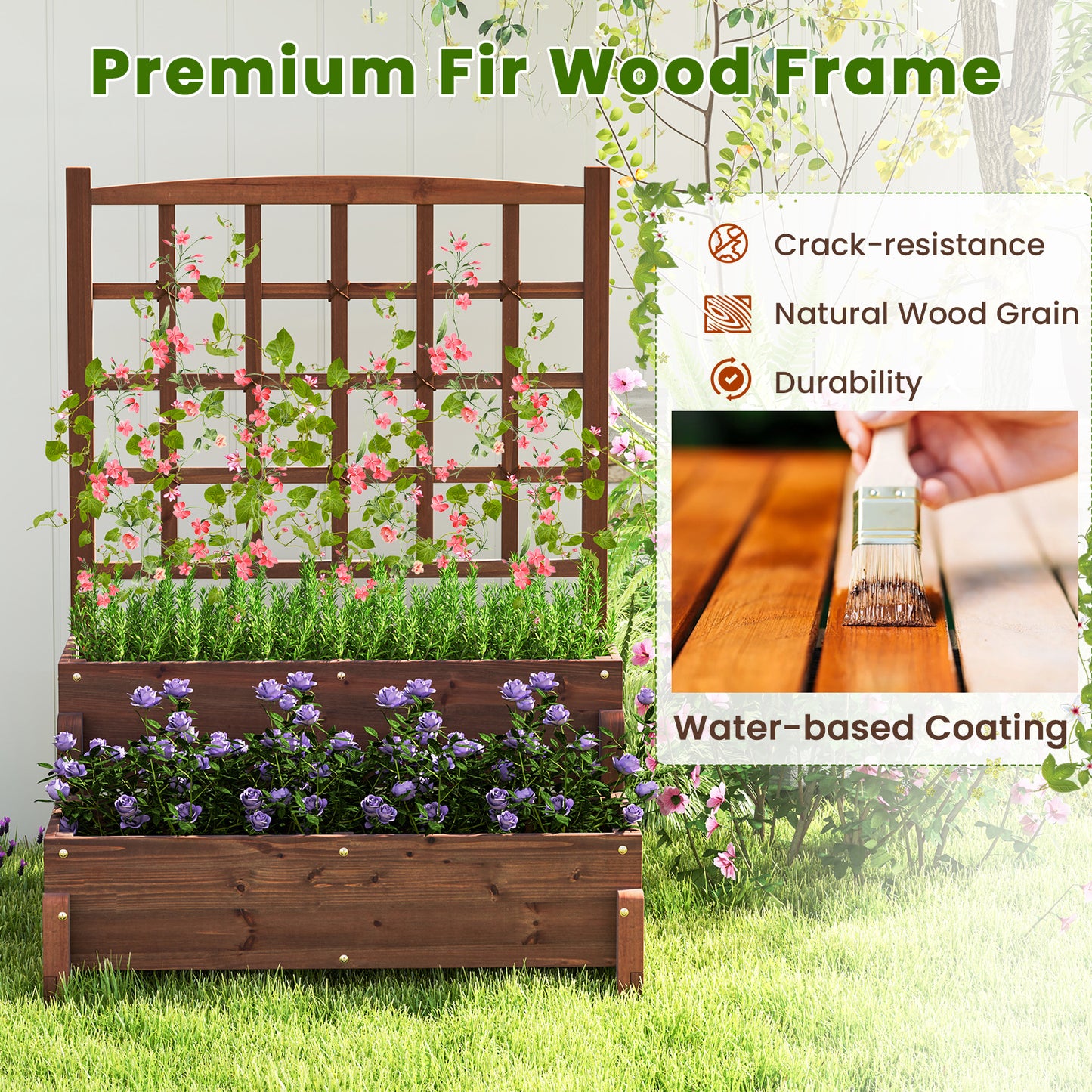 Raised Garden Bed with Trellis 2-tier Wood Planter Box with Drainage Holes-Rustic Brown