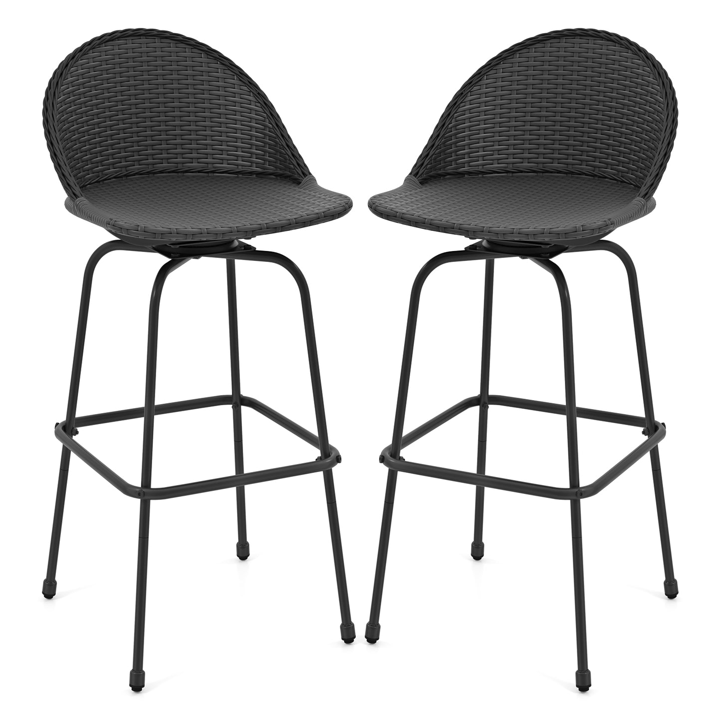 Set of 2 Rattan Swivel Barstools with Curved Back-Black