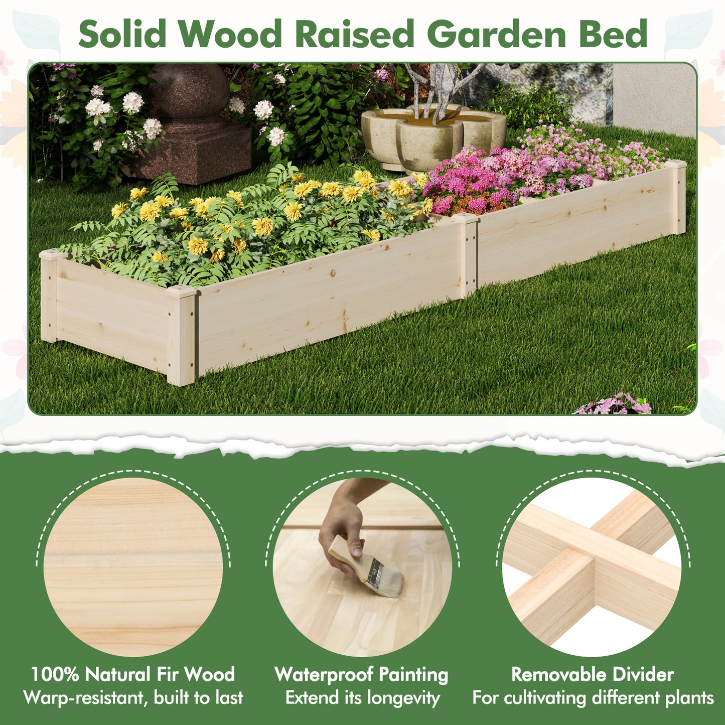 Wooden Raised Open-Ended Base Garden Bed with 2 Planter Boxes Divider-Natural