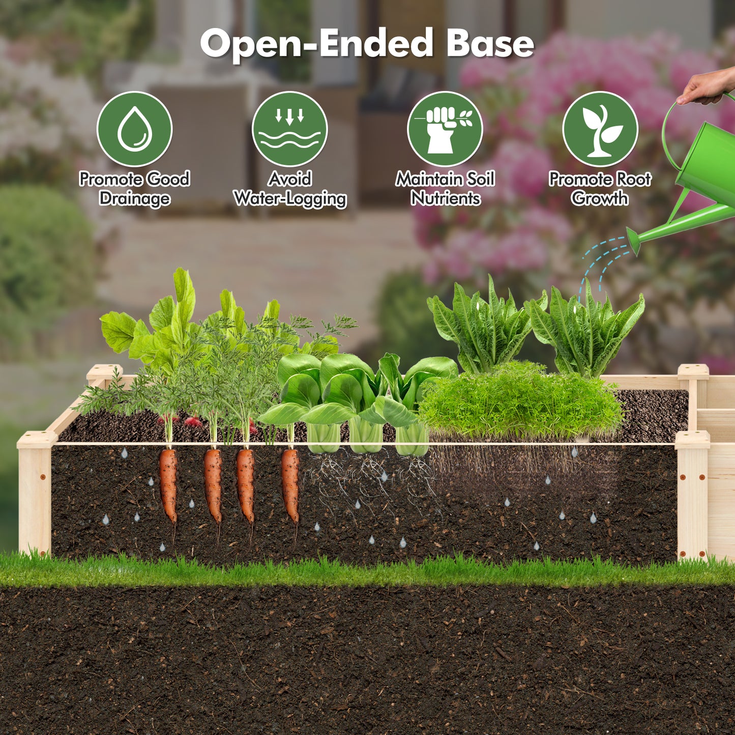 Wooden Raised Open-Ended Base Garden Bed with 2 Planter Boxes Divider-Natural