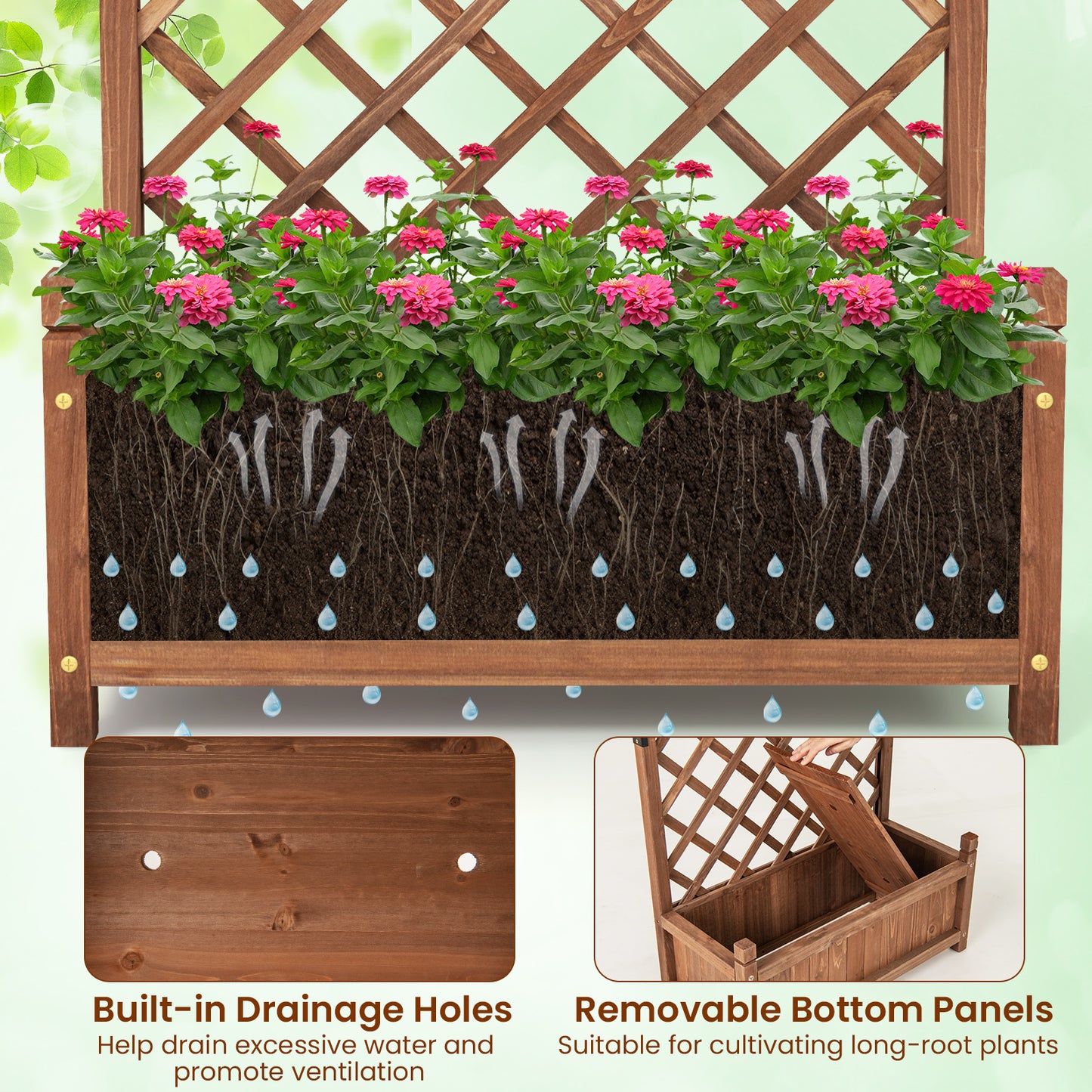 60 Inch Tall Raised Garden Bed with Diamond Lattice Trellis and Drainage Holes-Brown