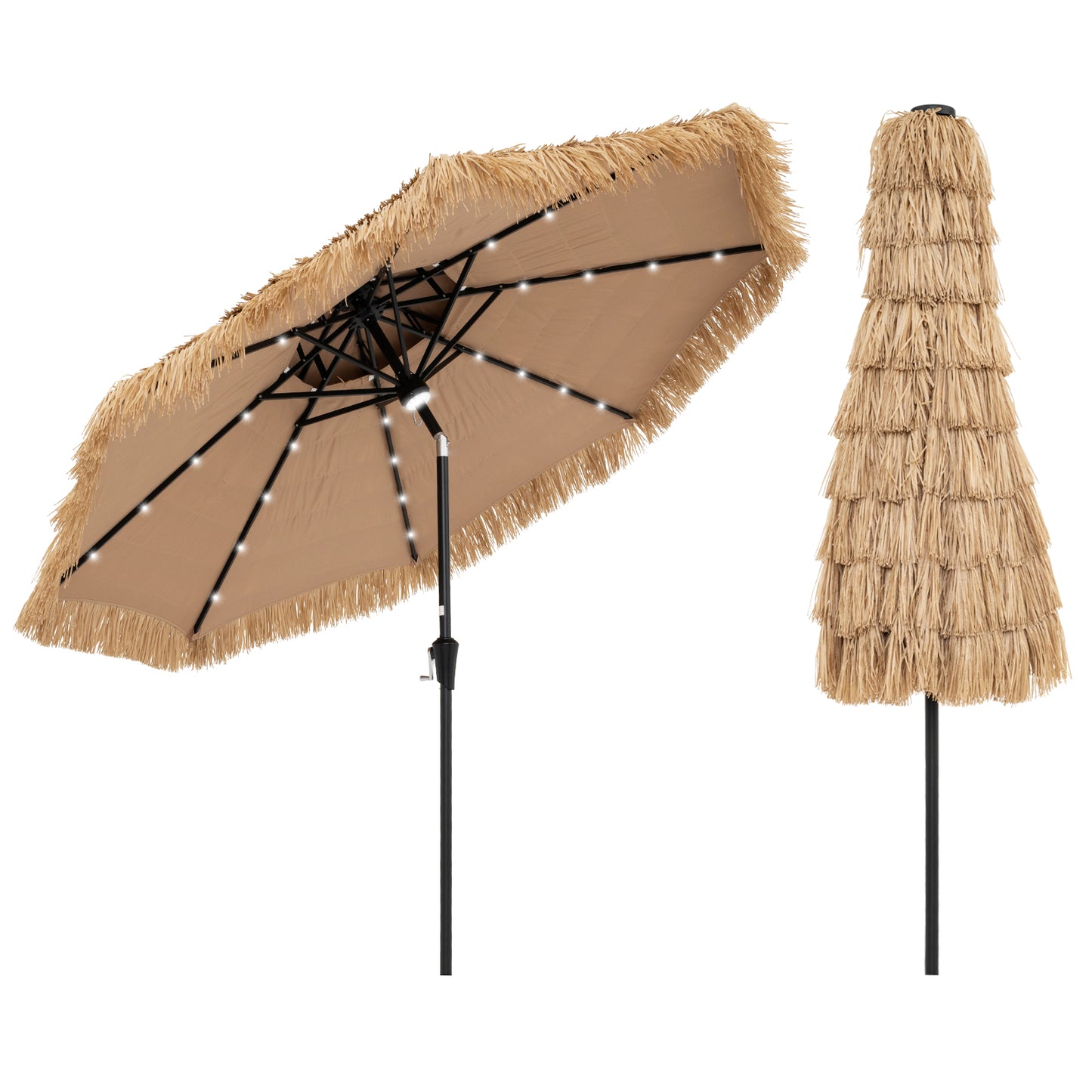9 Feet Solar Powered Thatched Tiki Patio Umbrella with Led Lights