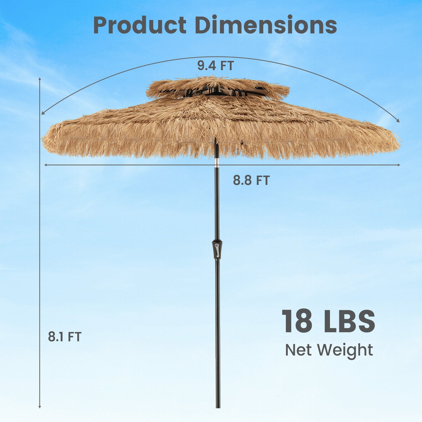 9 Feet Thatched Tiki Umbrella with 8 Ribs