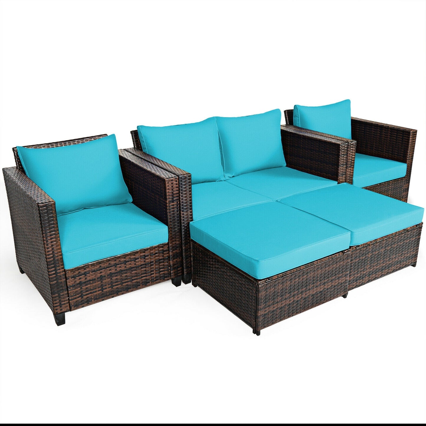 5 Pieces Patio Cushioned Rattan Furniture Set-Turquoise