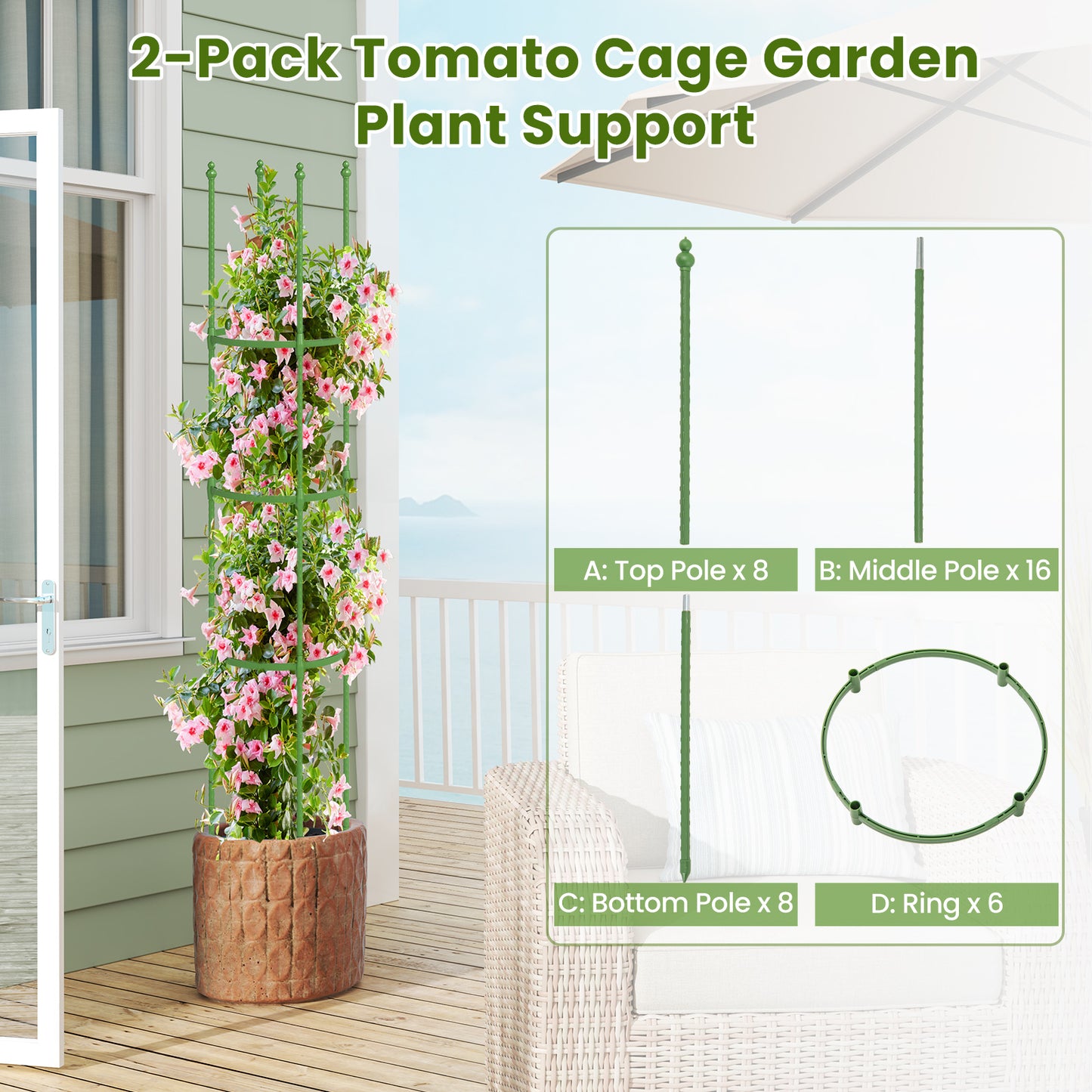 2-Pack Garden Trellis Tomato Cage with Adjustable Height-Green