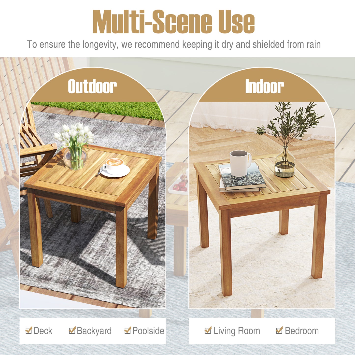 Outdoor Side Table Teak Wood End Table Square Patio Snack Coffee Table