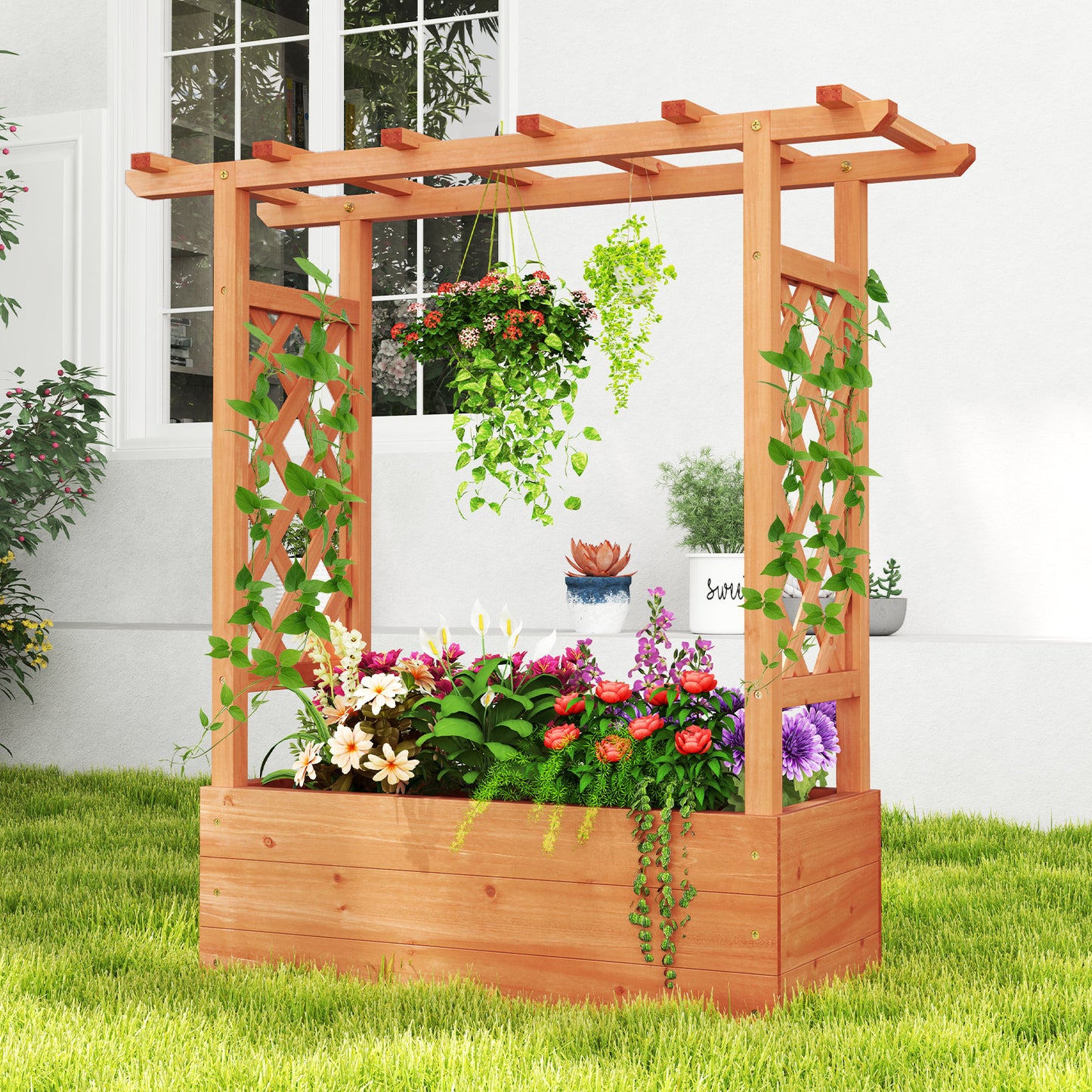 Wooden Raised Garden Bed Elevated Planter Box with Trellis and Hanging Roof-Orange