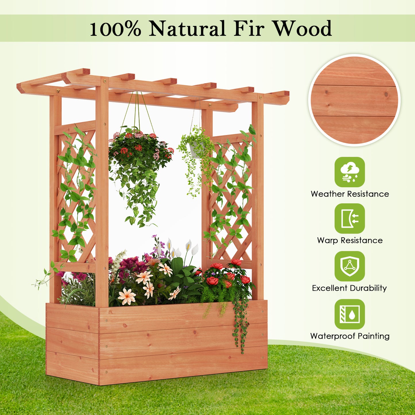 Wooden Raised Garden Bed Elevated Planter Box with Trellis and Hanging Roof-Orange