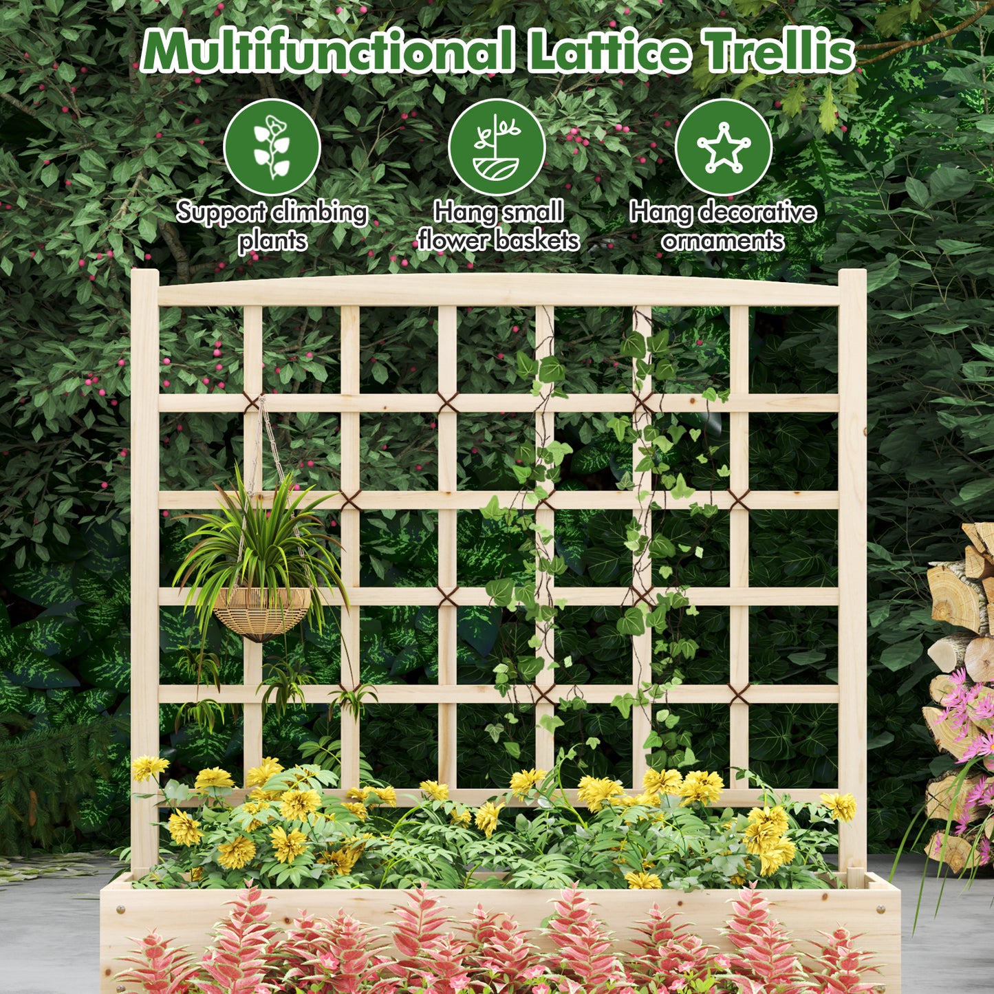 3-Tier Raised Garden Bed with Lattice Trellis and Open-Ended Base-Natural