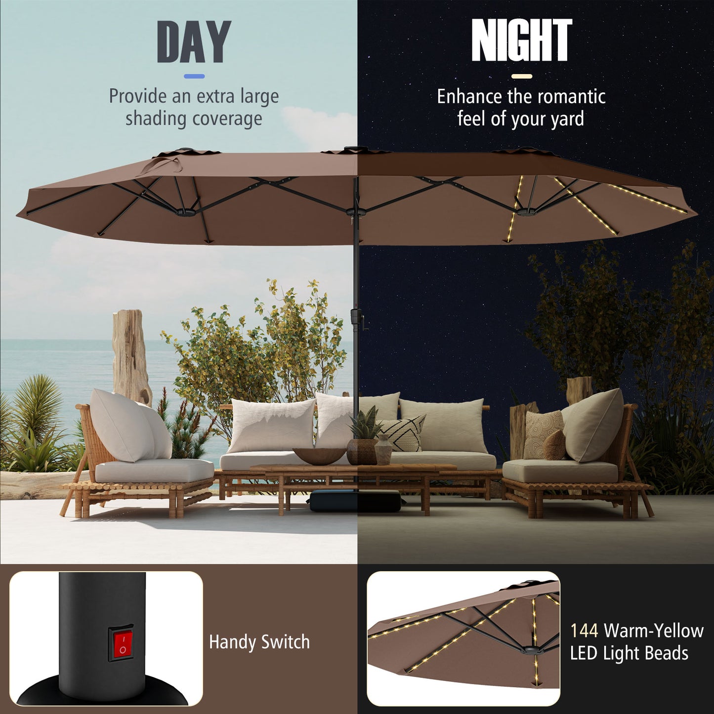 15.5 FT Extra-Large Patio Umbrella with LED Solar Lights and Crank Handle-Brown