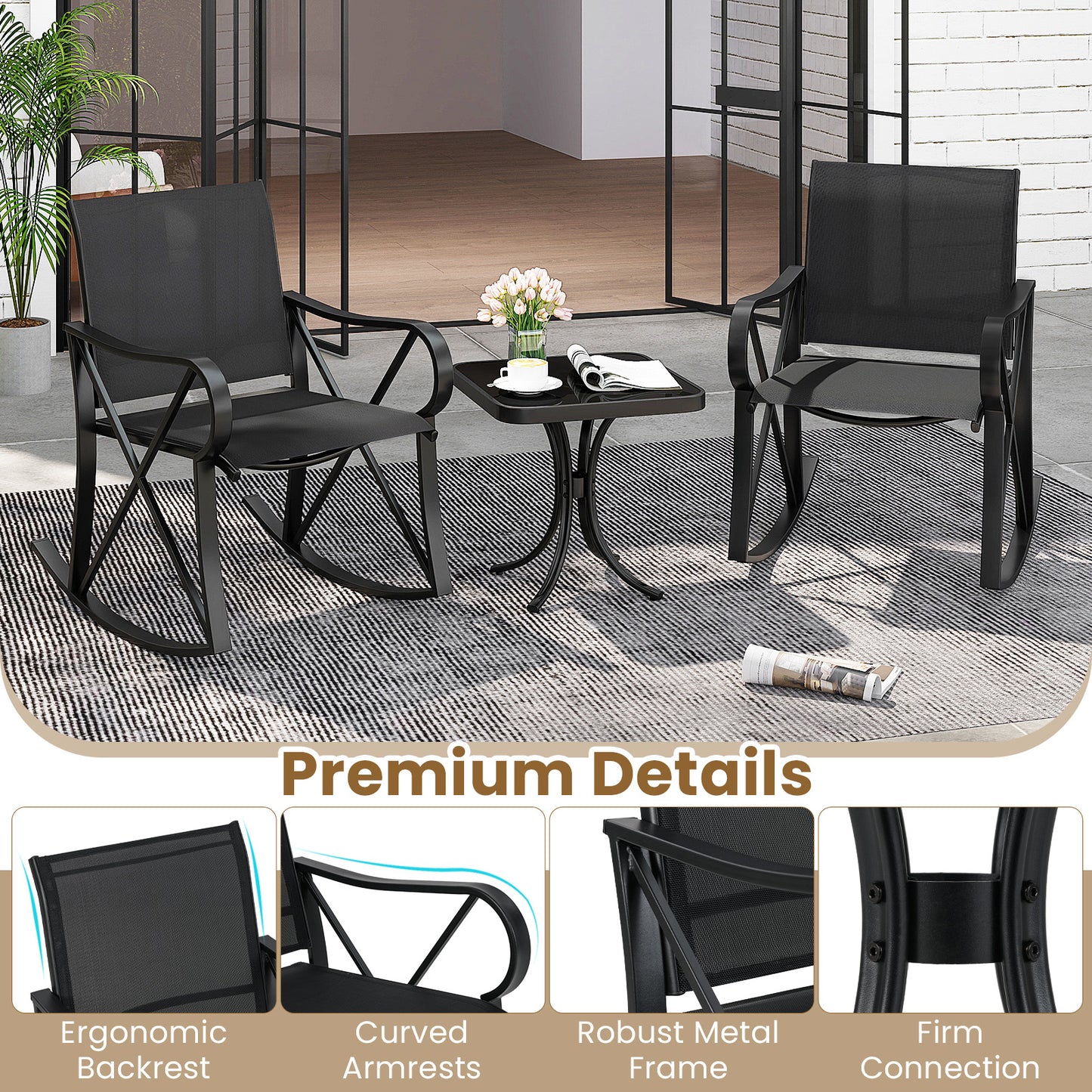 3 Piece Patio Rocking Set with Smooth Rocking Motion Outdoor Rocker Chair Bistro Set-Black