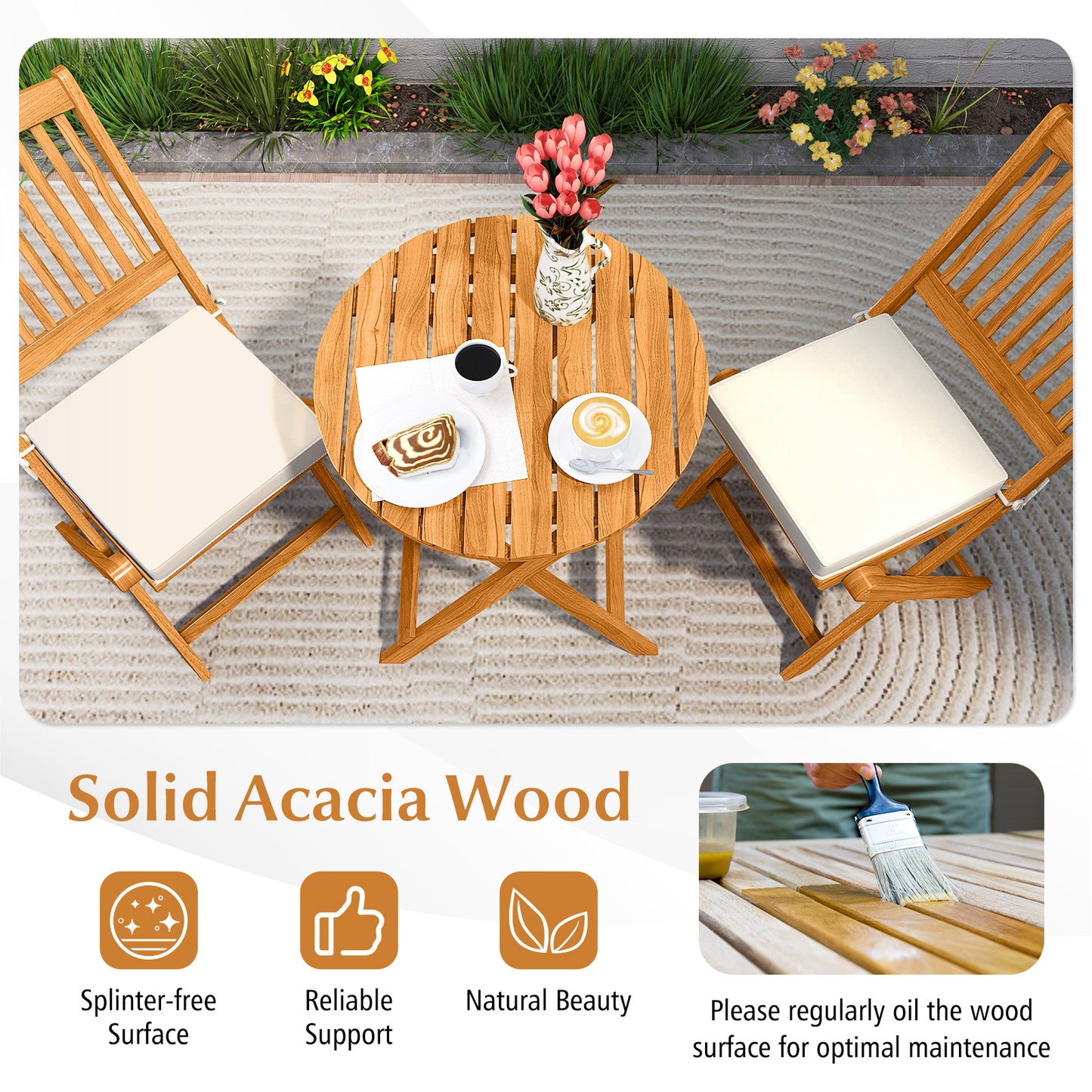 3 Pieces Patio Folding Wooden Bistro Set Cushioned Chair-White