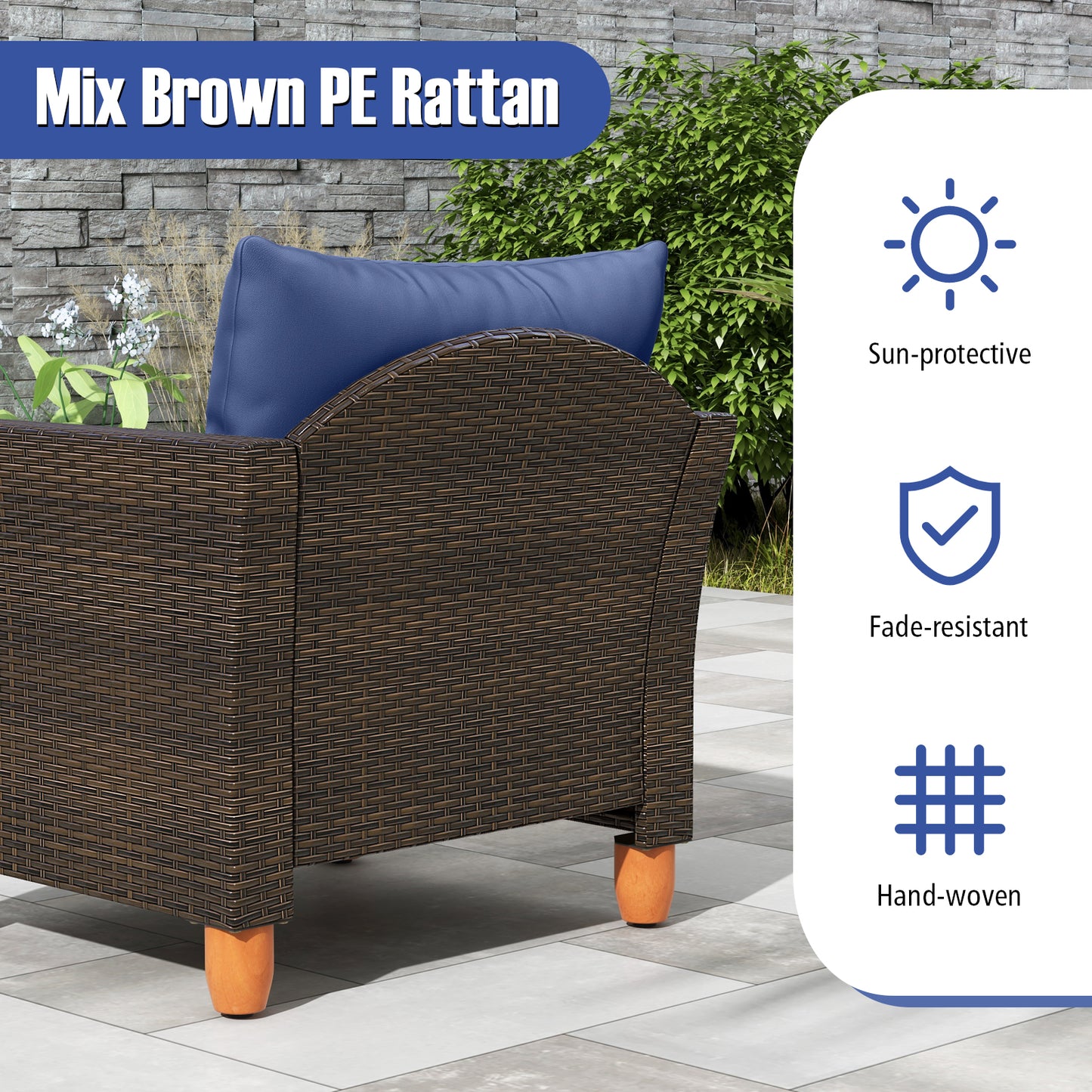 3 Pieces Patio PE Wicker Furniture Set with Cushions and Acacia Wood Storage Coffee Table-Navy