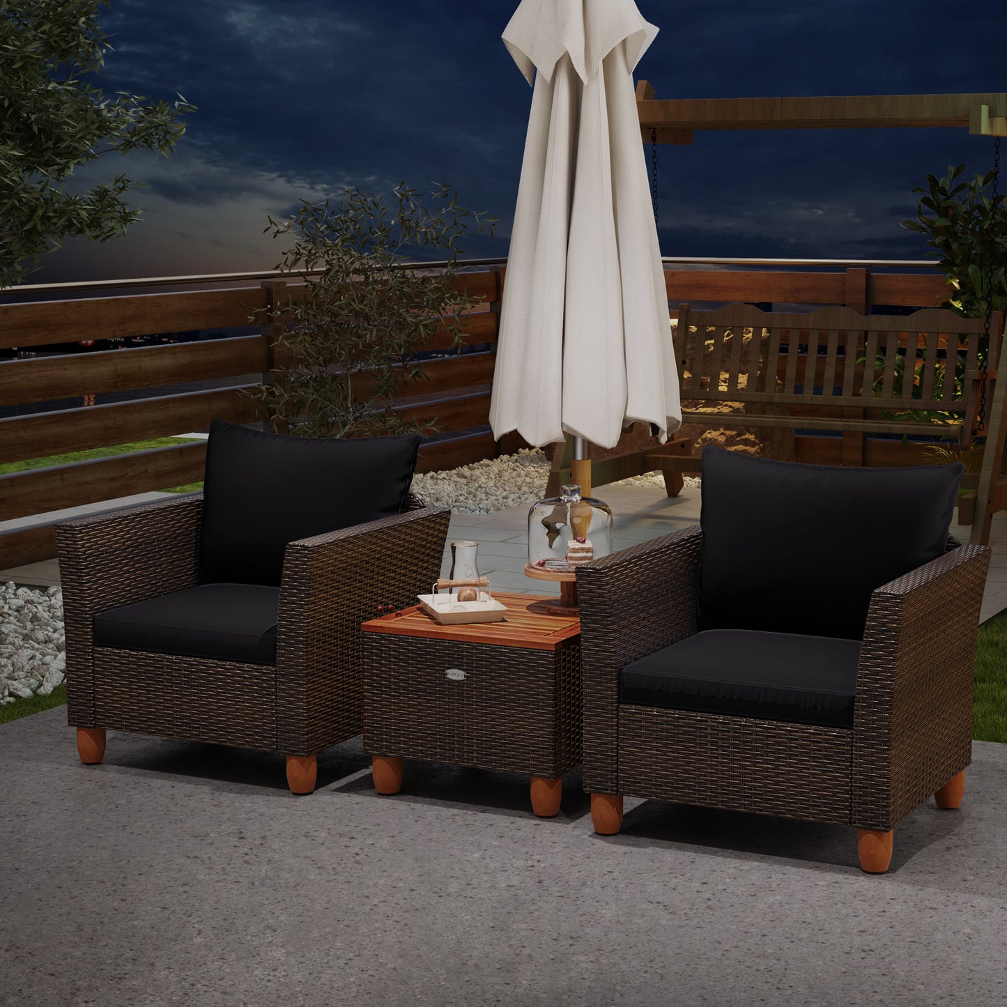 3 Pieces Patio PE Wicker Furniture Set with Cushions and Acacia Wood Storage Coffee Table-Black
