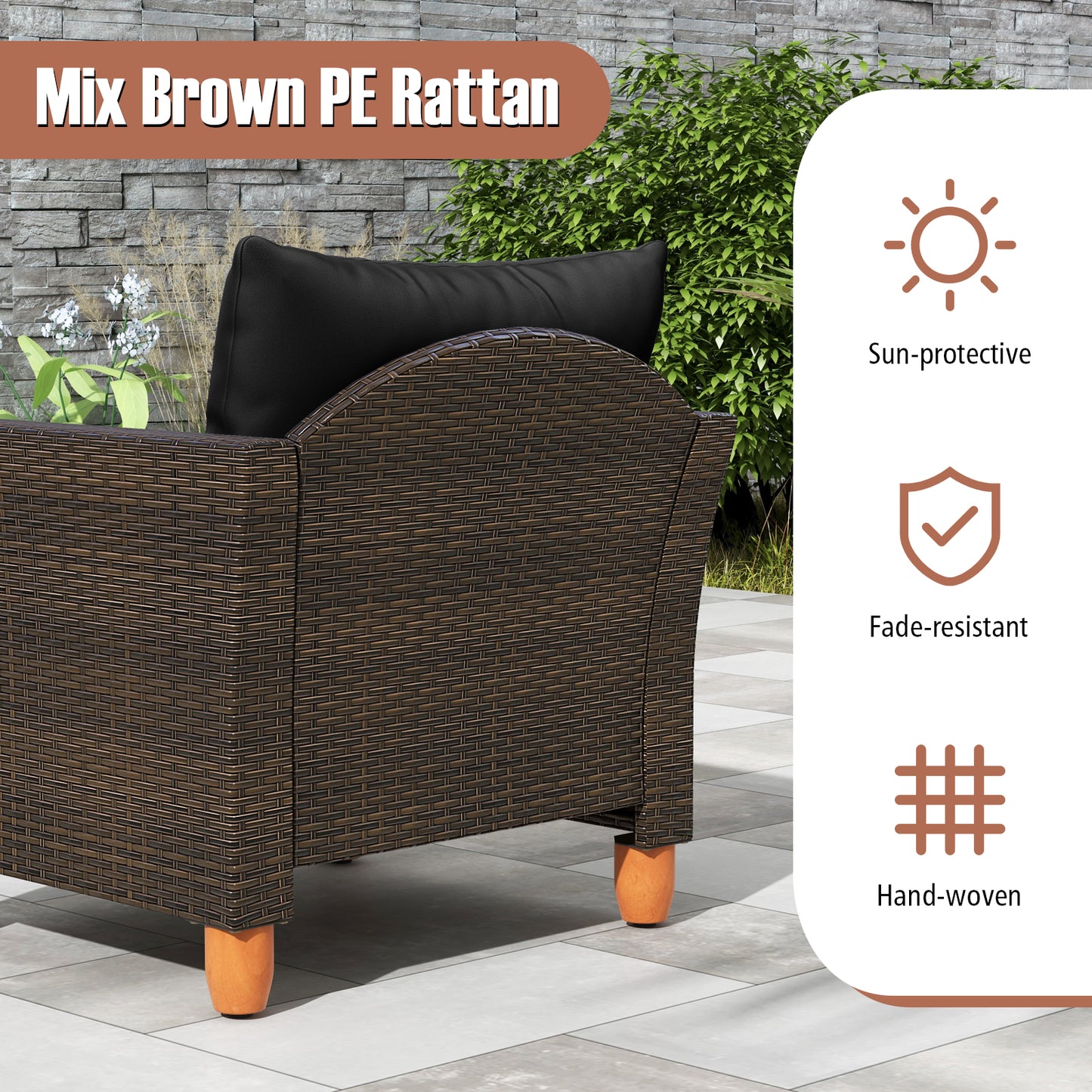 3 Pieces Patio PE Wicker Furniture Set with Cushions and Acacia Wood Storage Coffee Table-Black