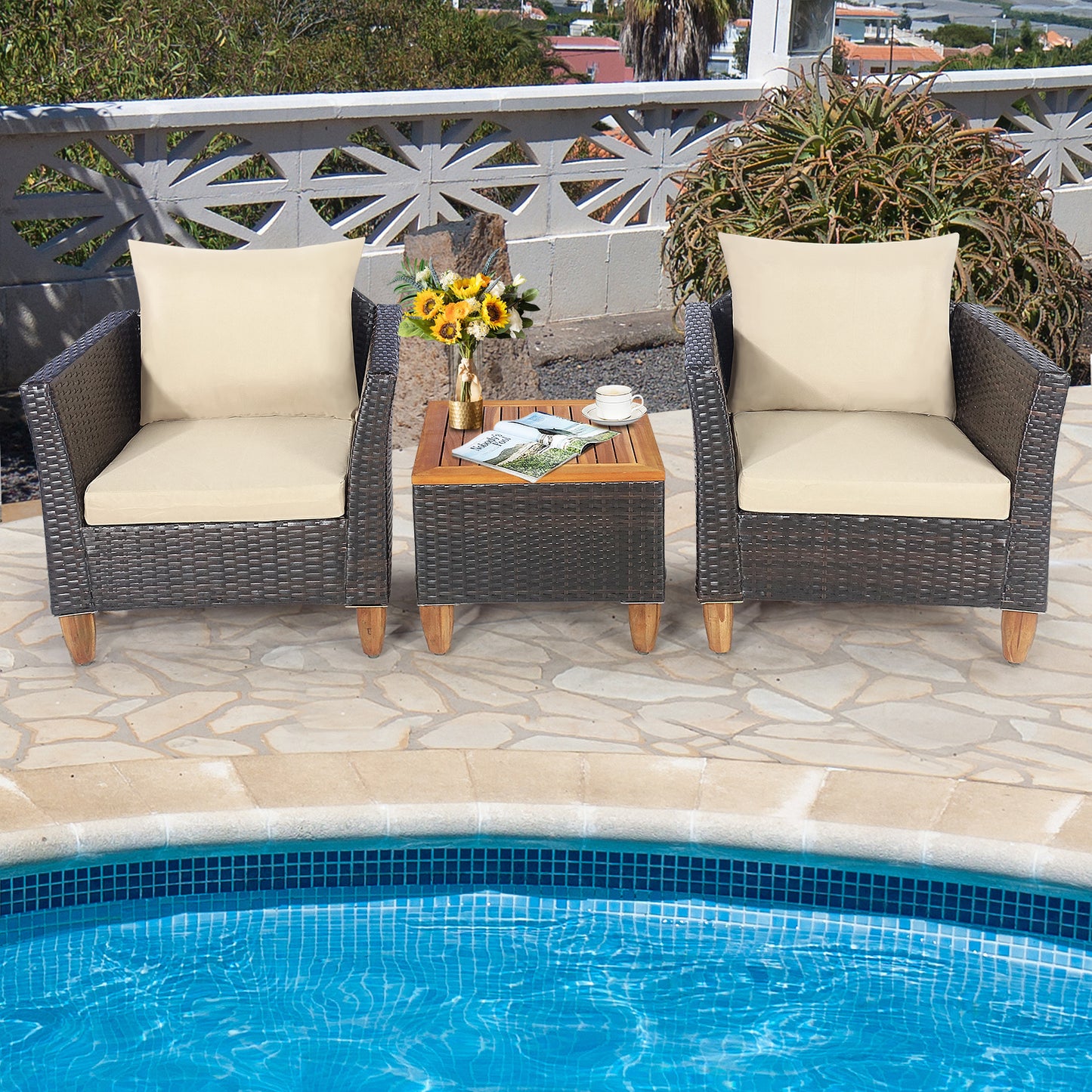 3 Pieces Patio Rattan Furniture Set with Washable Cushion for Yard Porch-Beige