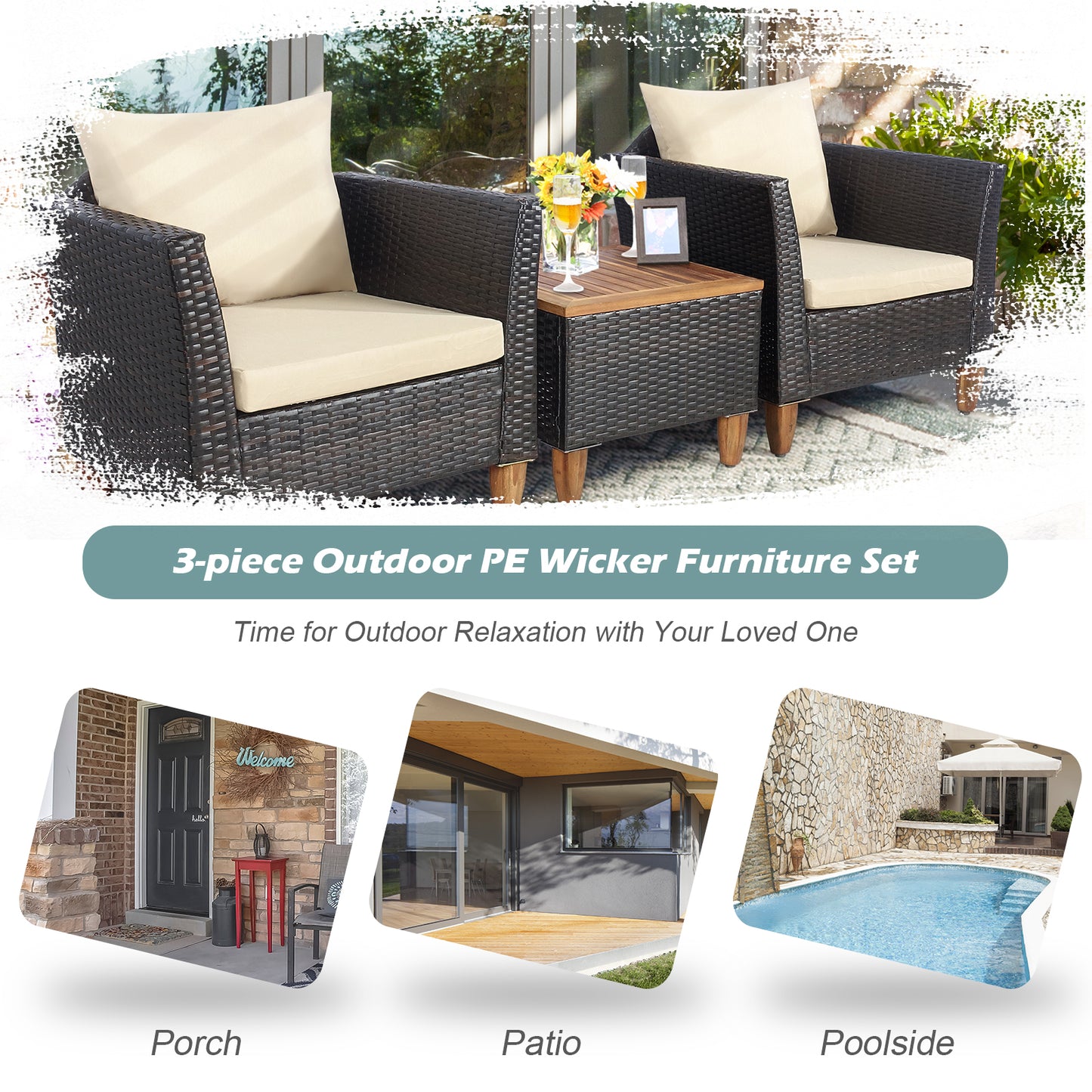 3 Pieces Patio Rattan Furniture Set with Washable Cushion for Yard Porch-Beige