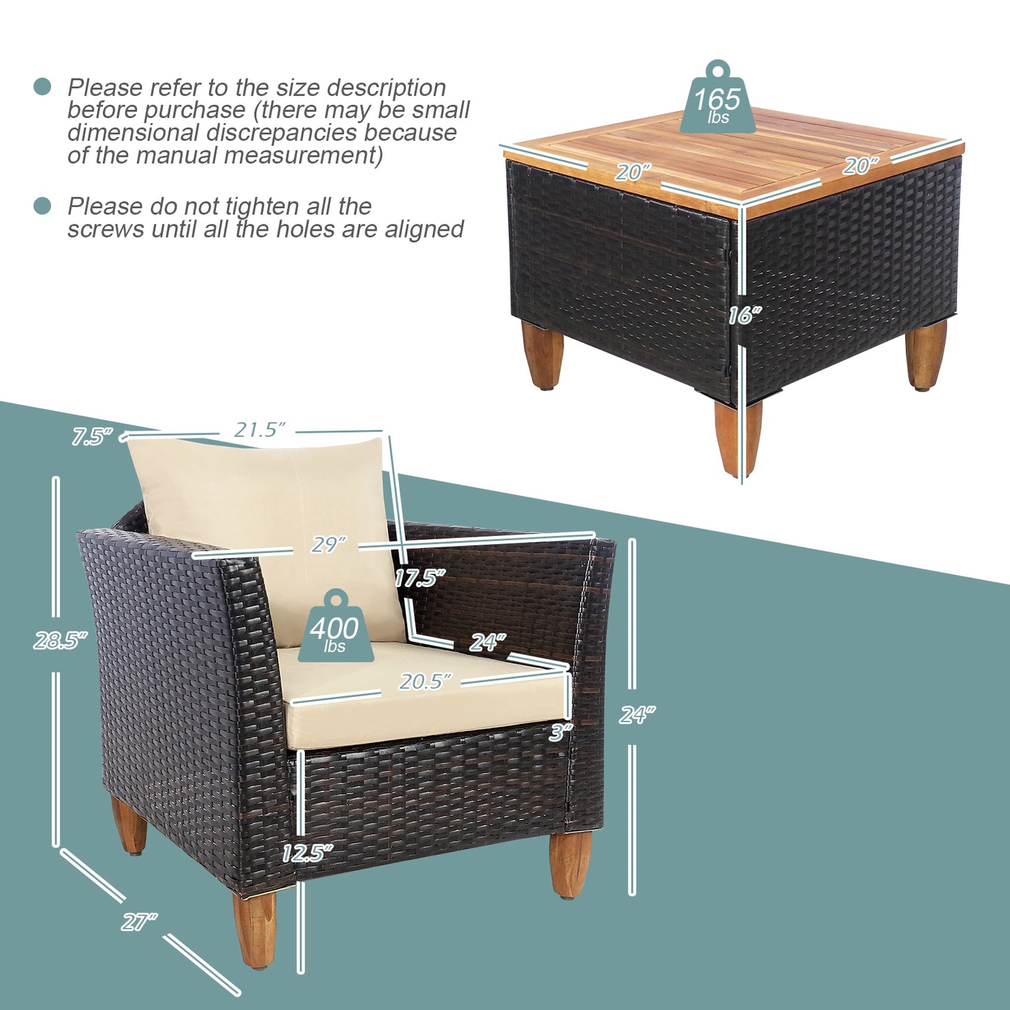 3 Pieces Patio Rattan Furniture Set with Washable Cushion for Yard Porch-Beige