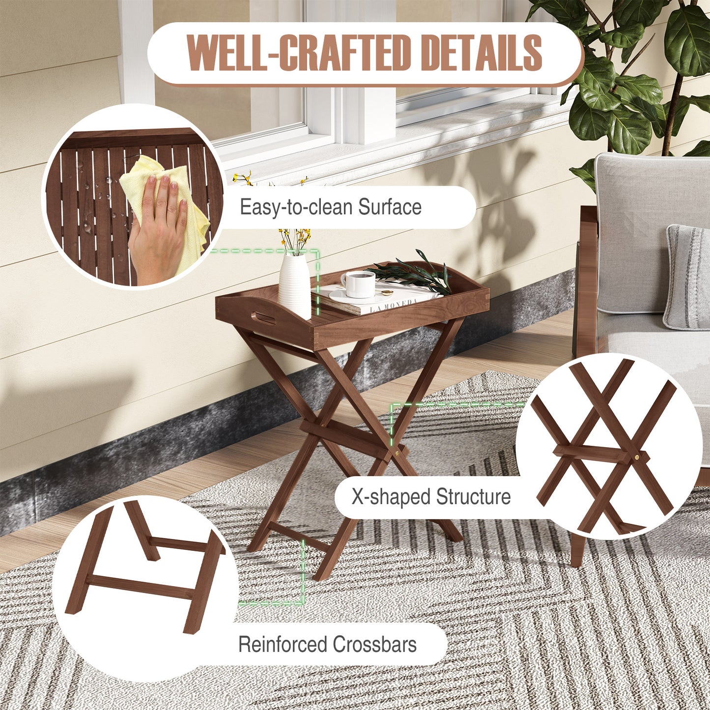 Solid Teak Wood Tray Table with Removable Tray Top for Patio and Garden