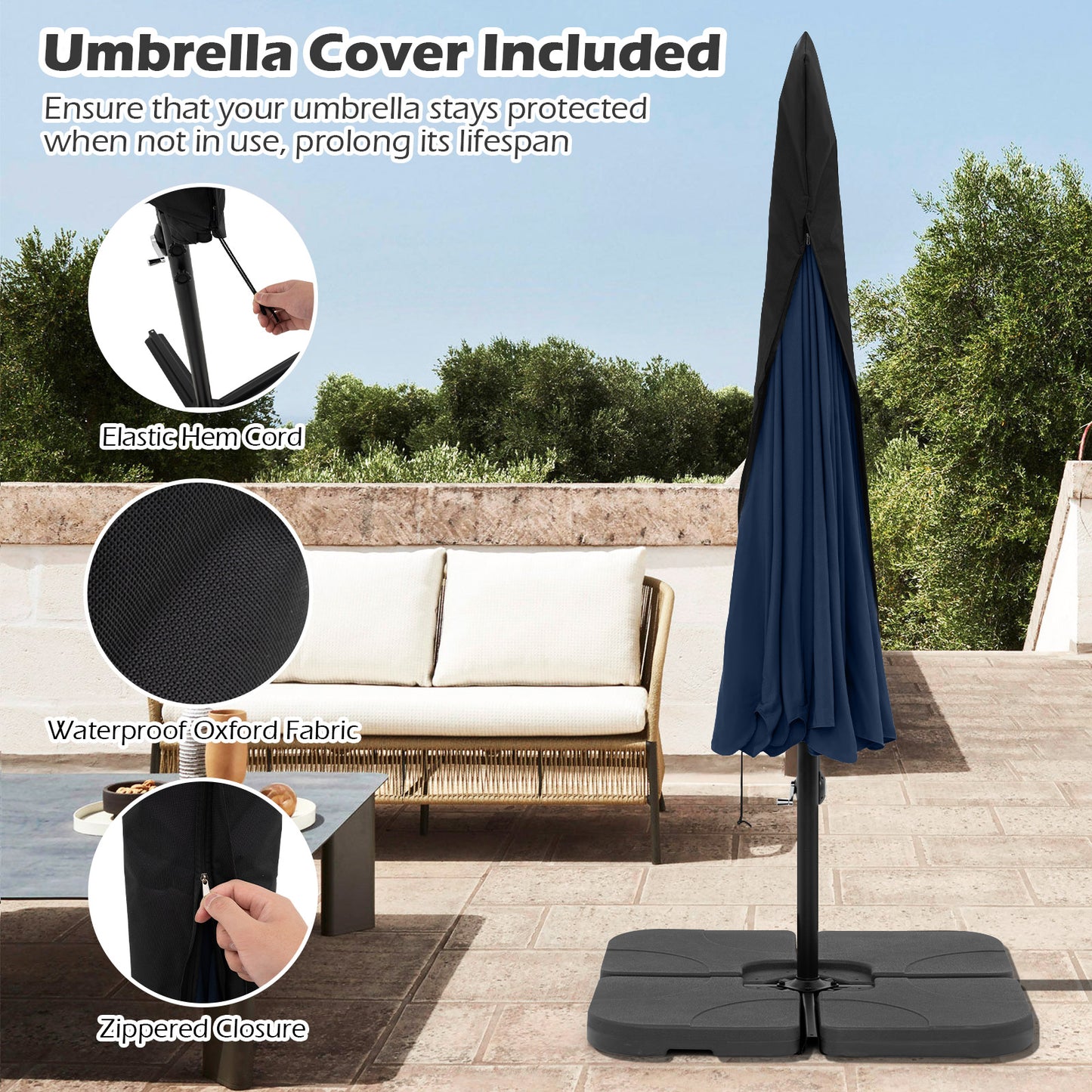 10 Feet Patio Cantilever Umbrella with Cover Tilt Adjustment and Ruffled Edge-Navy