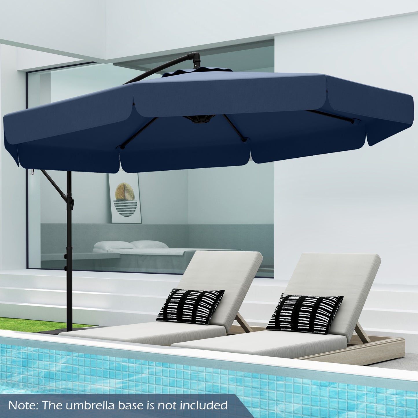 cantilever umbrella with a cover, tilt adjustment, and ruffled edge, displayed over an outdoor furniture set on a patio.