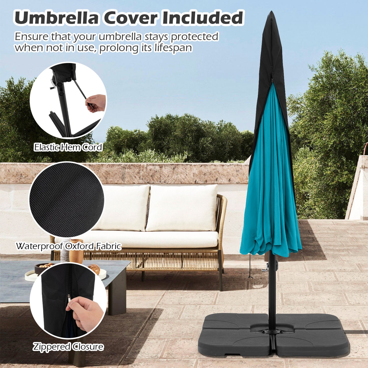 10 Feet Patio Cantilever Umbrella with Cover Tilt Adjustment and Ruffled Edge-Turquoise