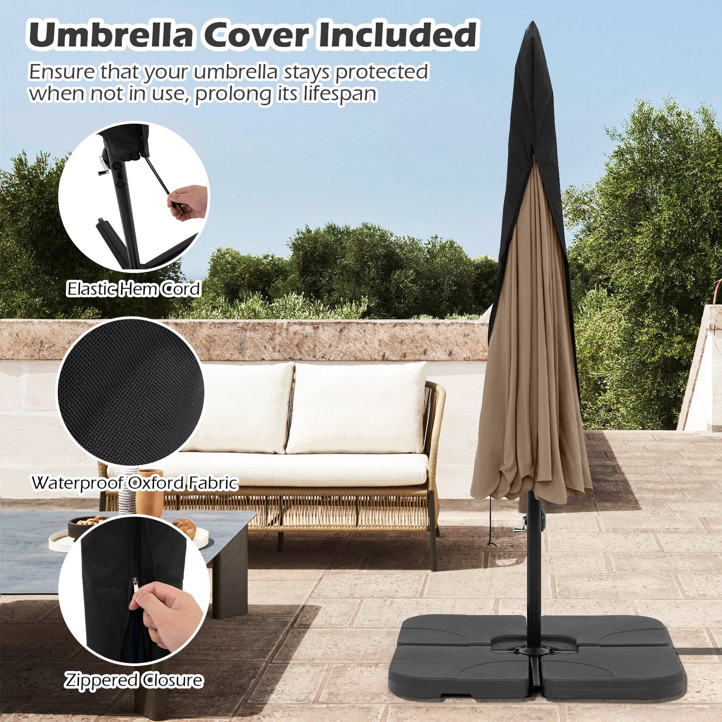 10 Feet Patio Cantilever Umbrella with Cover Tilt Adjustment and Ruffled Edge-Taupe