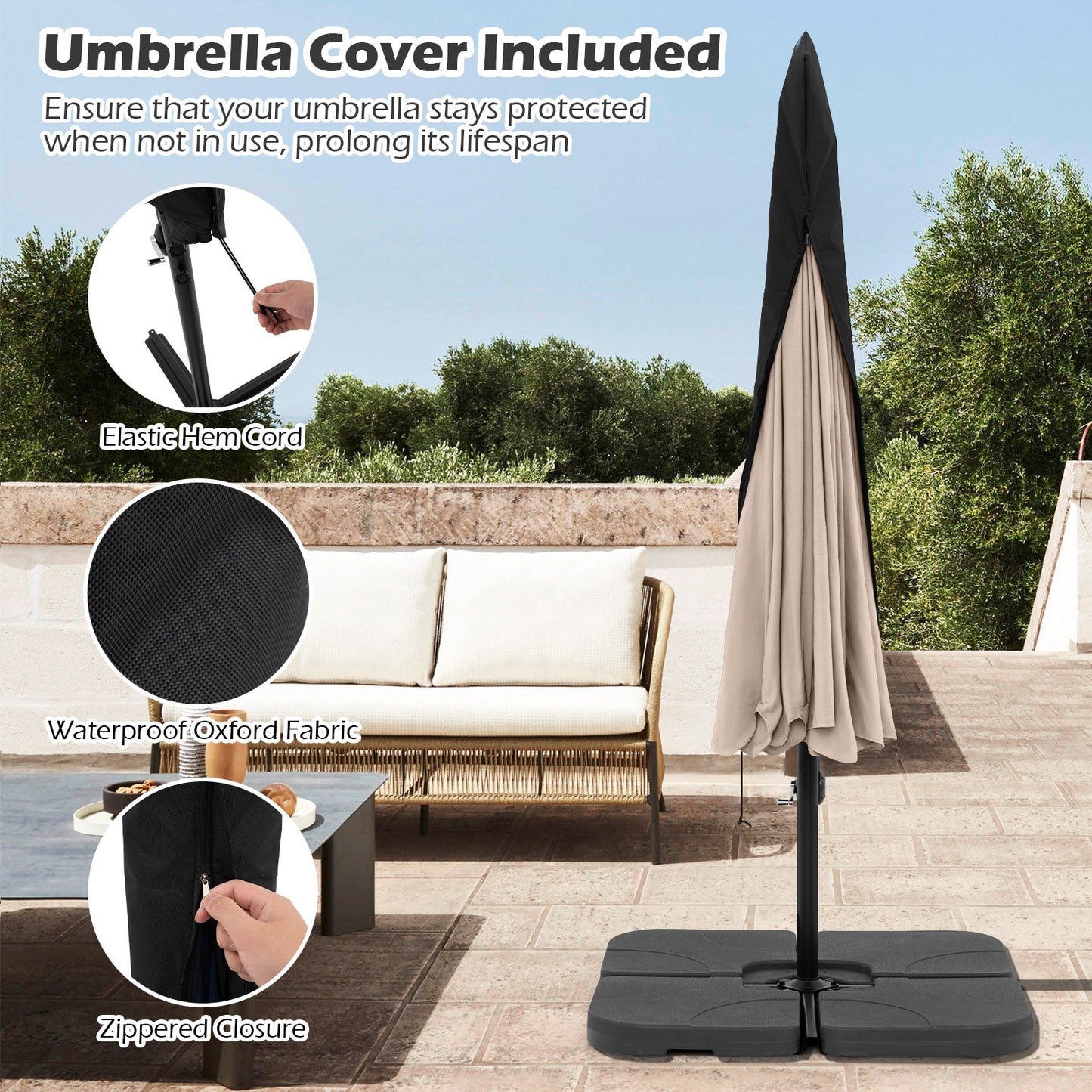 10 Feet Patio Cantilever Umbrella with Cover Tilt Adjustment and Ruffled Edge-Beige