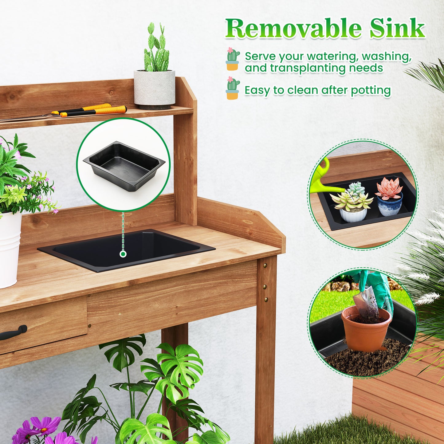 Outdoor Wooden Garden Table Work Station with Storage Shelves and Drawer-Coffee