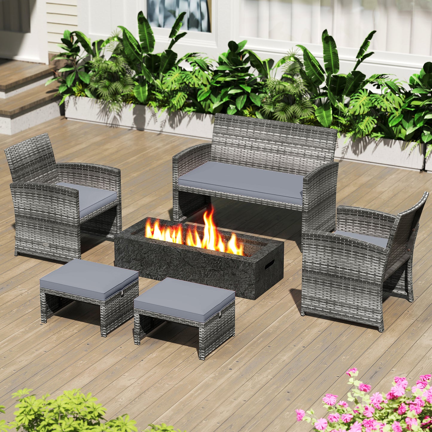 2 Pieces Patio PE Rattan Ottomans with Soft Zippered Cushions for Deck-Gray
