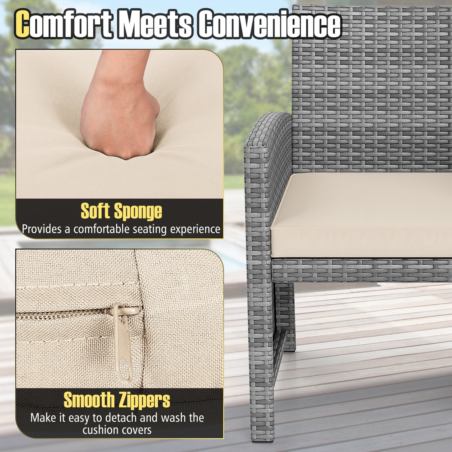 3 Pieces Patio Furniture Set with Tempered Glass Coffee Table and Soft Seat Cushions-White
