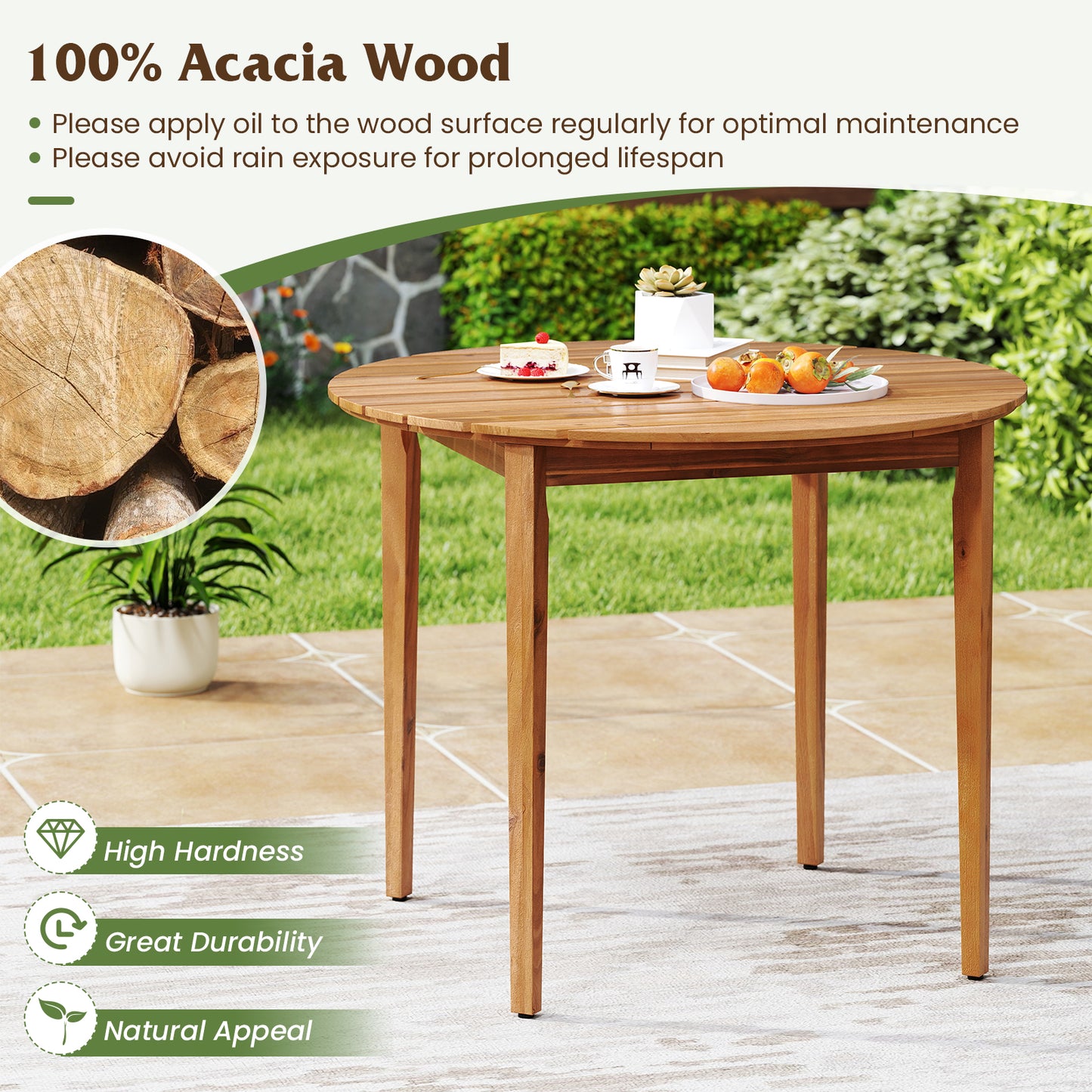 36 inch Acacia Wood Round Outdoor Dining Table for 4 People