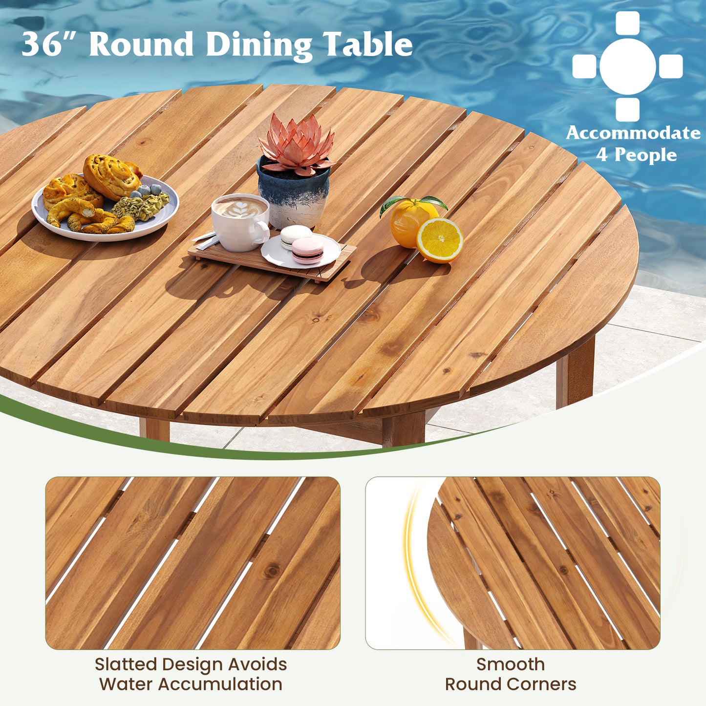 36 inch Acacia Wood Round Outdoor Dining Table for 4 People
