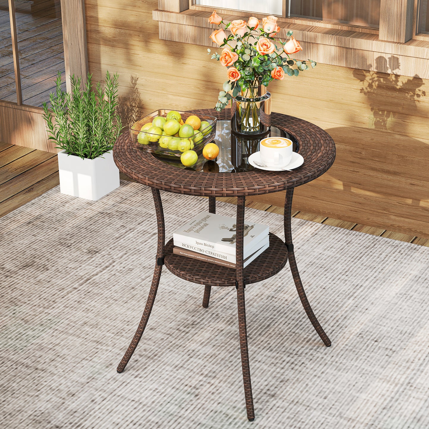 PE Wicker Patio Bistro Table Round with Tempered Glass Top and Shelf