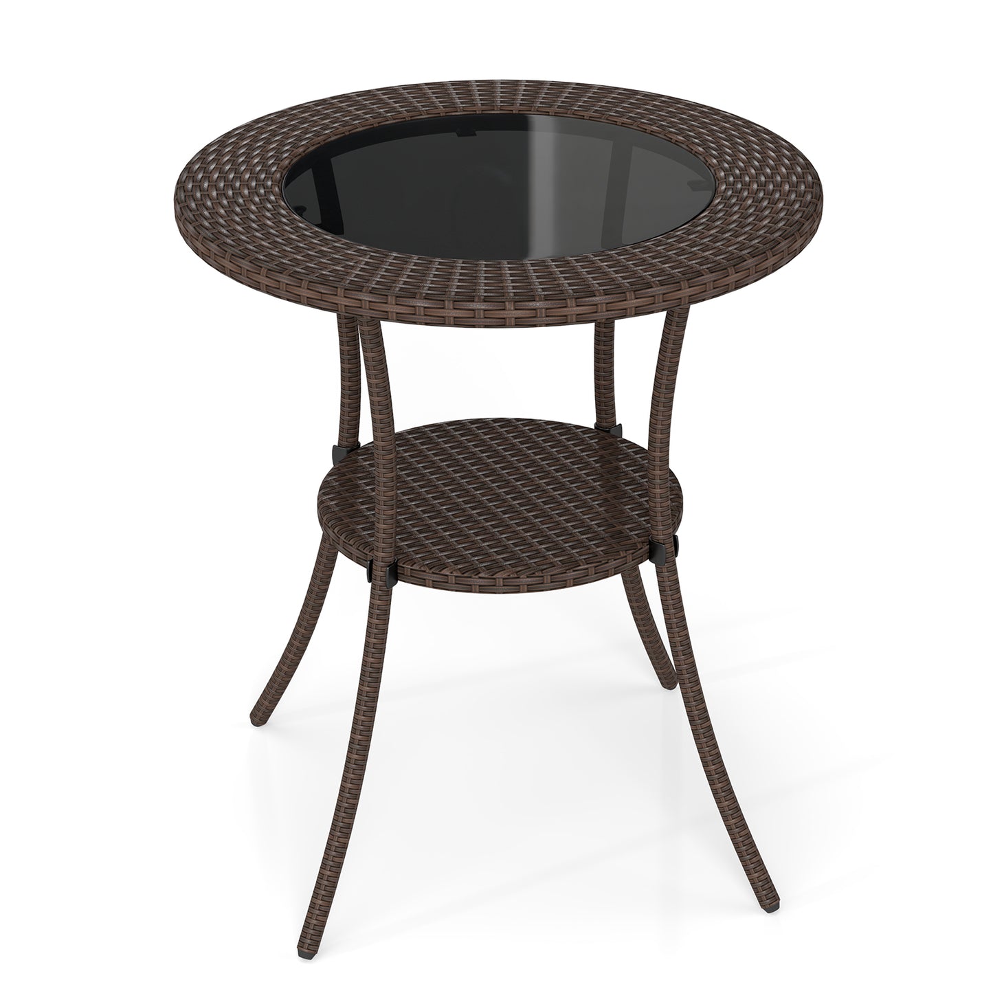PE Wicker Patio Bistro Table Round with Tempered Glass Top and Shelf