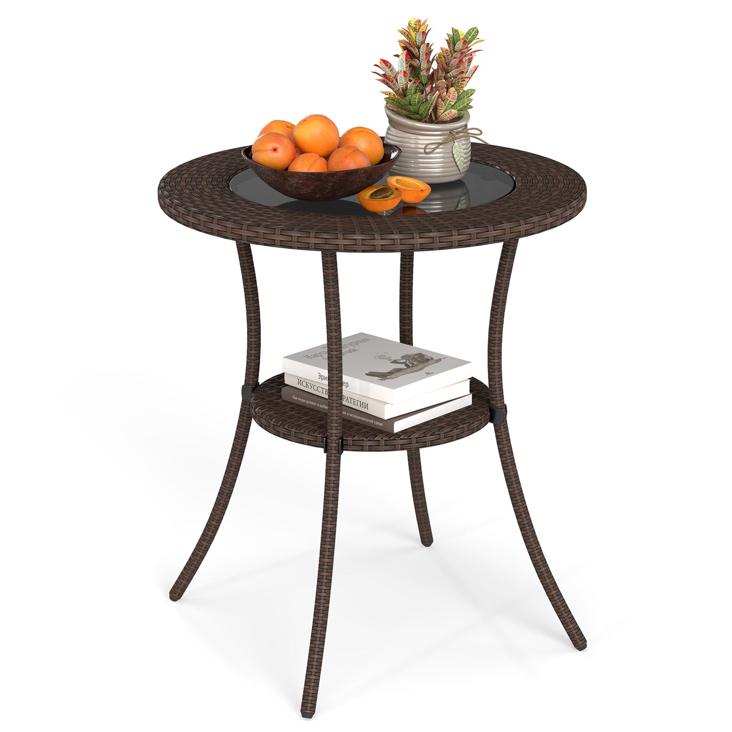 PE Wicker Patio Bistro Table Round with Tempered Glass Top and Shelf
