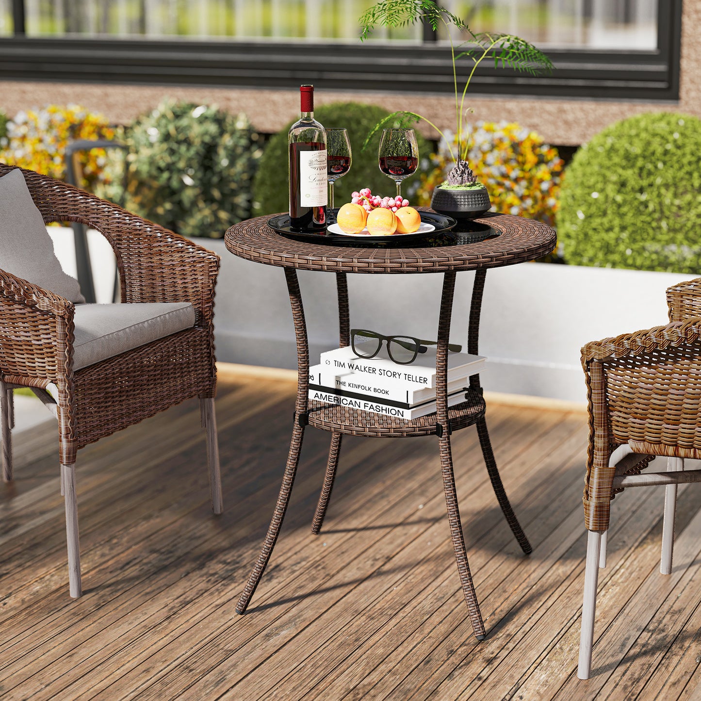 PE Wicker Patio Bistro Table Round with Tempered Glass Top and Shelf