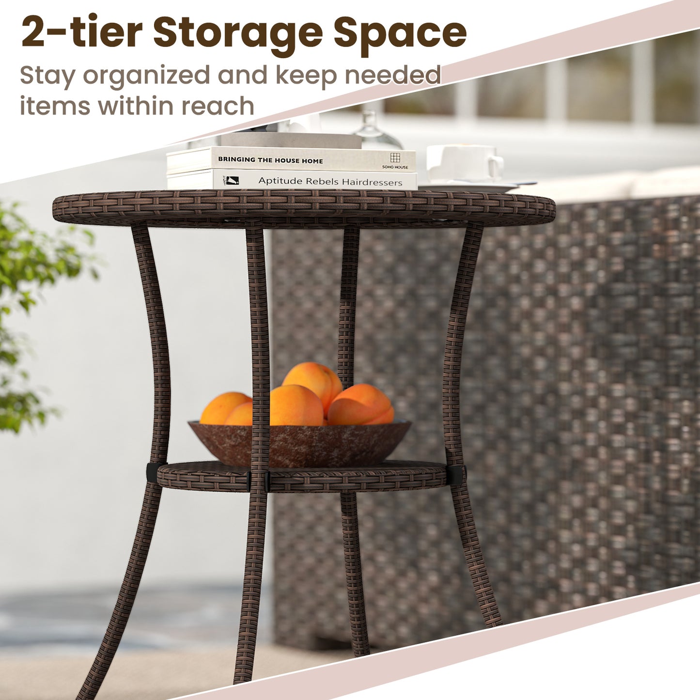PE Wicker Patio Bistro Table Round with Tempered Glass Top and Shelf