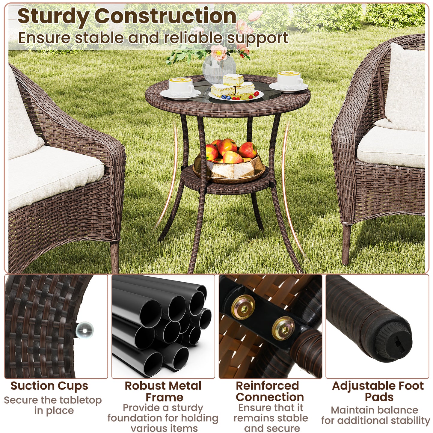 PE Wicker Patio Bistro Table Round with Tempered Glass Top and Shelf