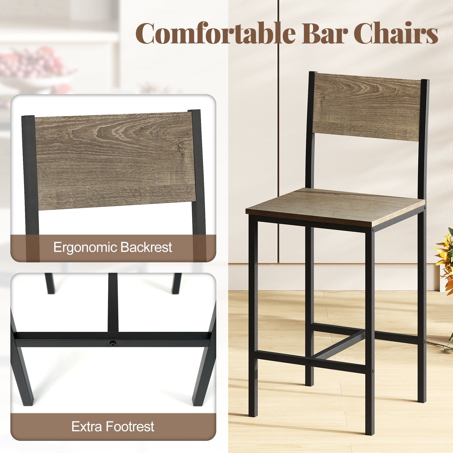 3 Piece Bar Table Set with Backrest and Footrest for Small Space-Gray