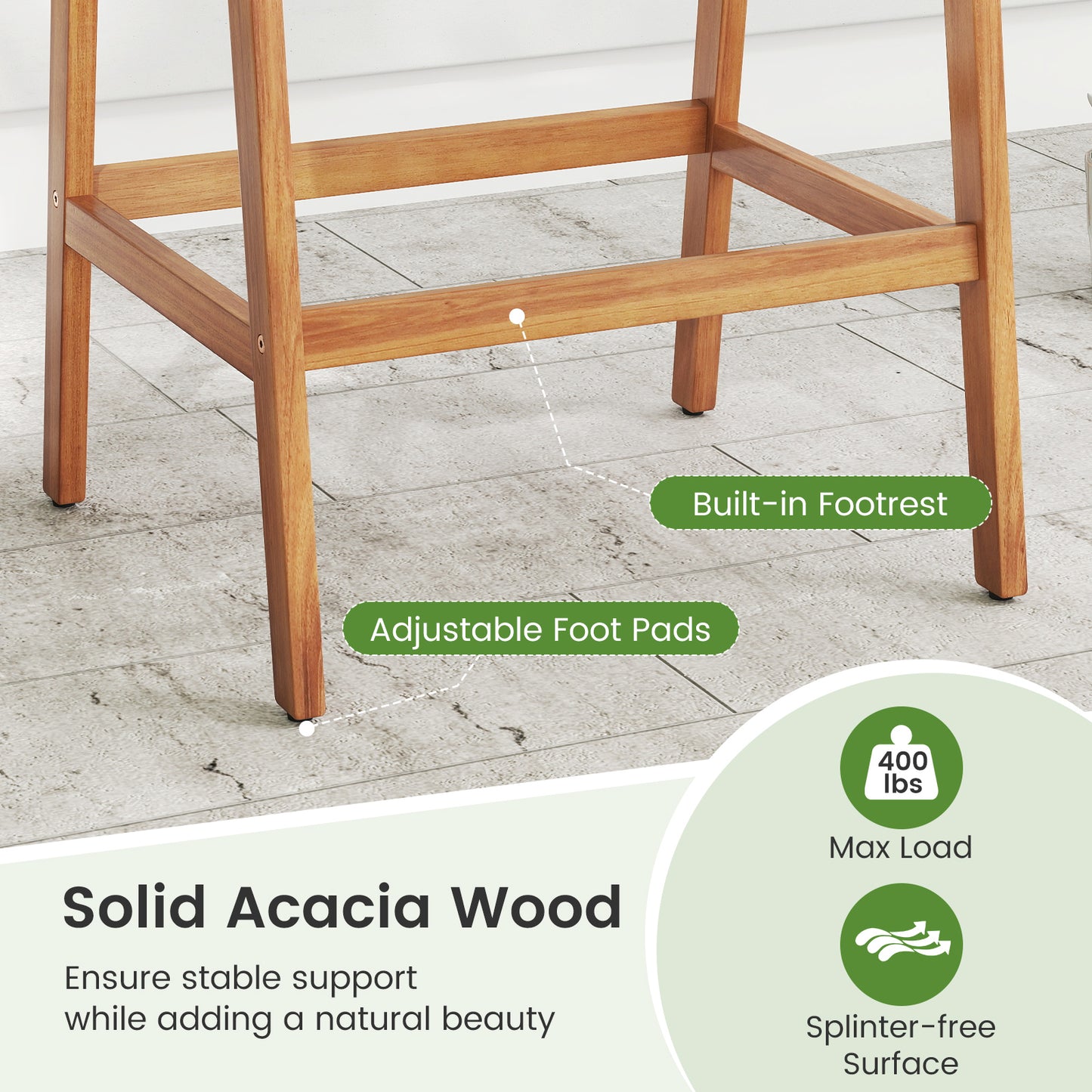 Set of 2 Patio Acacia Wood Counter Height Bar Stools with Cushions and PE Wicker Backrests Footrests-Gray