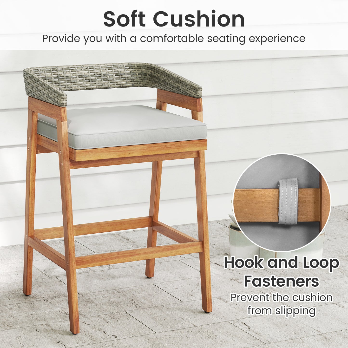 Set of 2 Patio Acacia Wood Counter Height Bar Stools with Cushions and PE Wicker Backrests Footrests-Gray