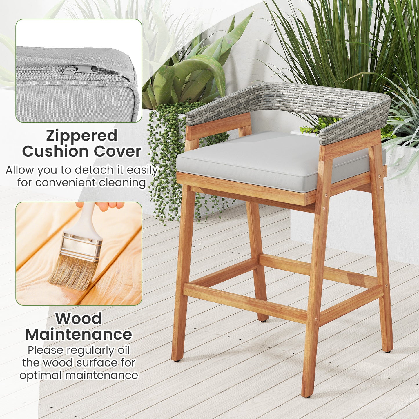 Set of 2 Patio Acacia Wood Counter Height Bar Stools with Cushions and PE Wicker Backrests Footrests-Gray