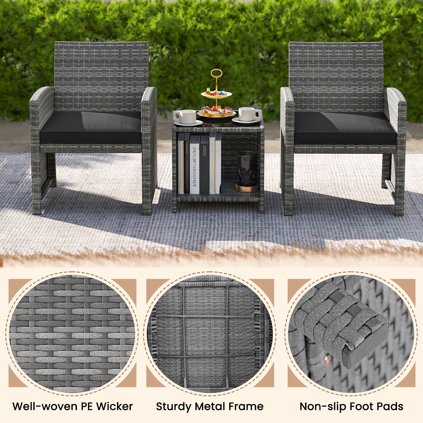 3 Pieces Patio Furniture Set with Tempered Glass Coffee Table and Soft Seat Cushions-Black