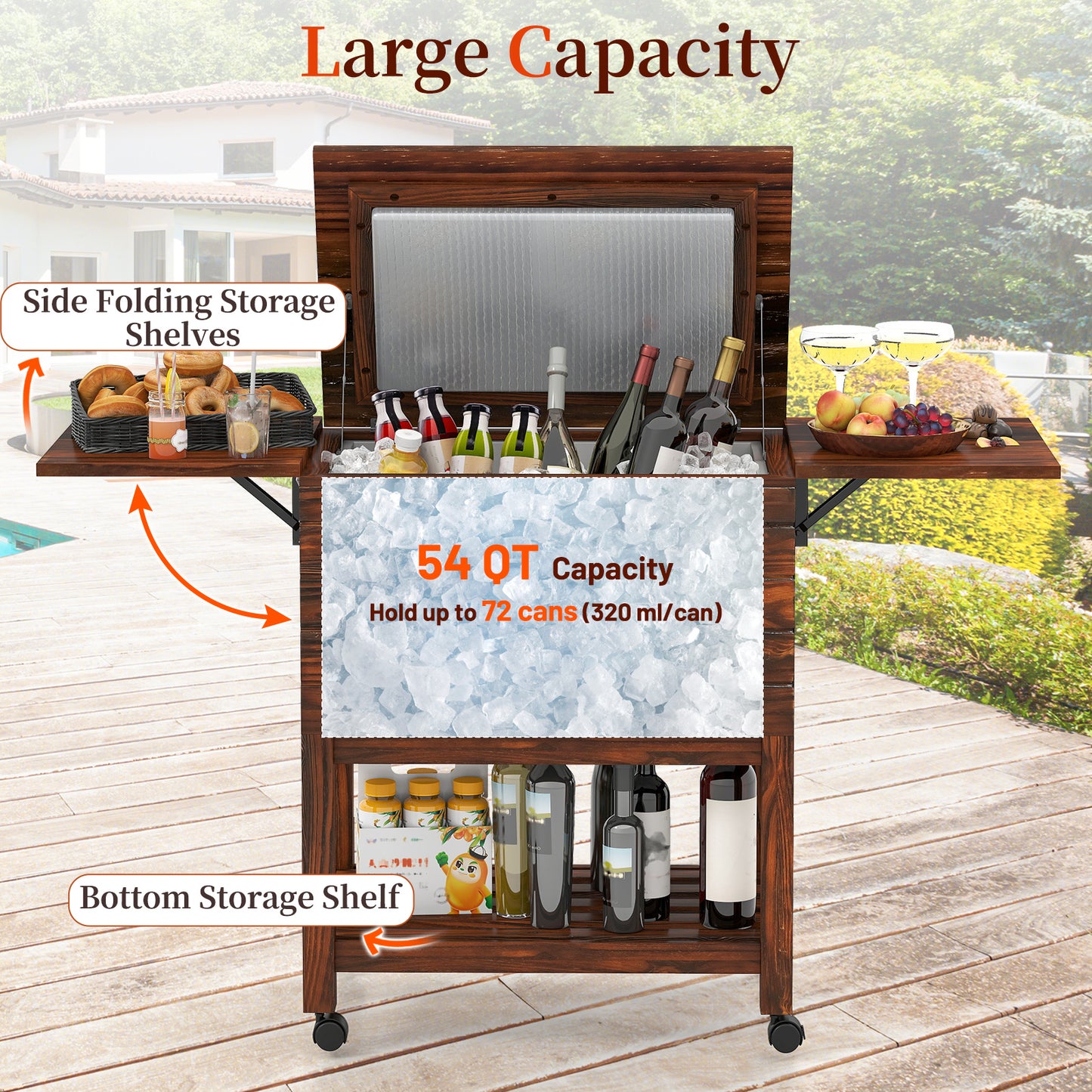 54 Quart Wooden Cooler Cart for Patio Rolling Ice Chest with Shelves-Brown