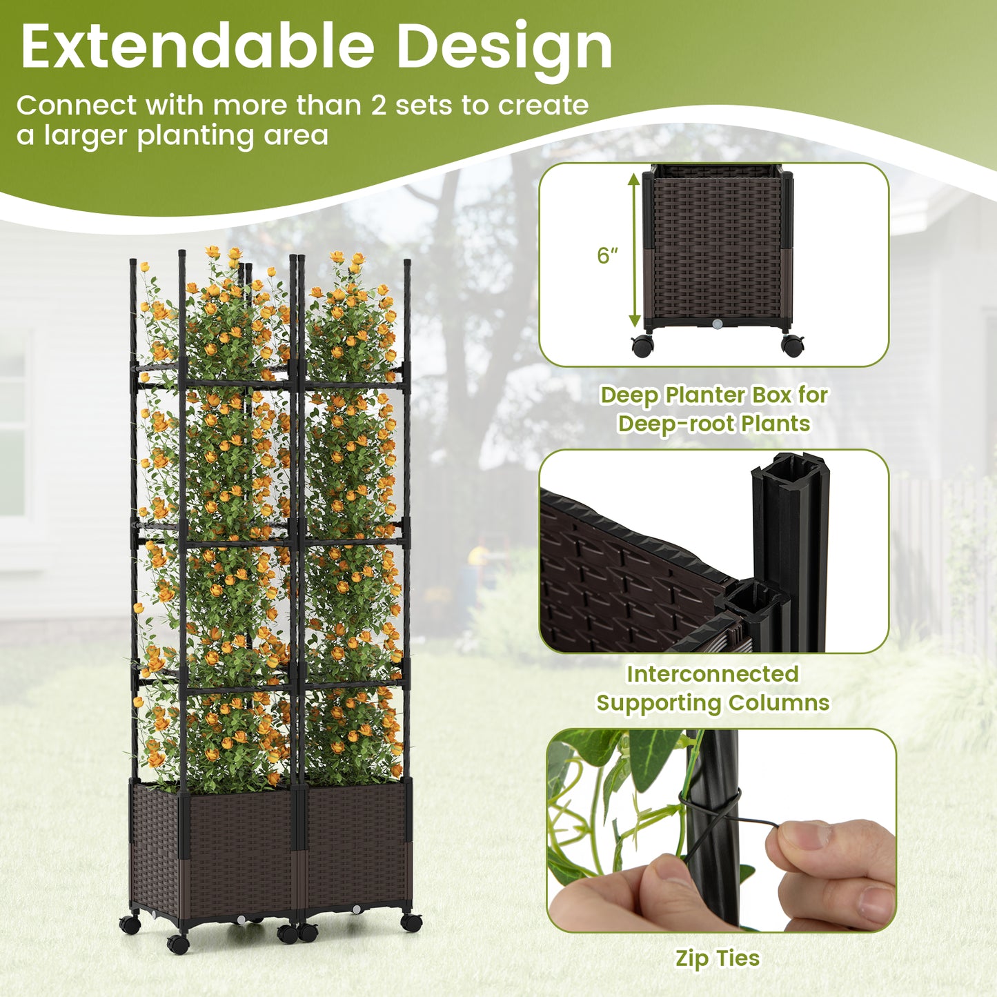 87 Inch Tall Raised Garden Bed with Plant Box Trellis and Lockable Wheels Adjustable Height
