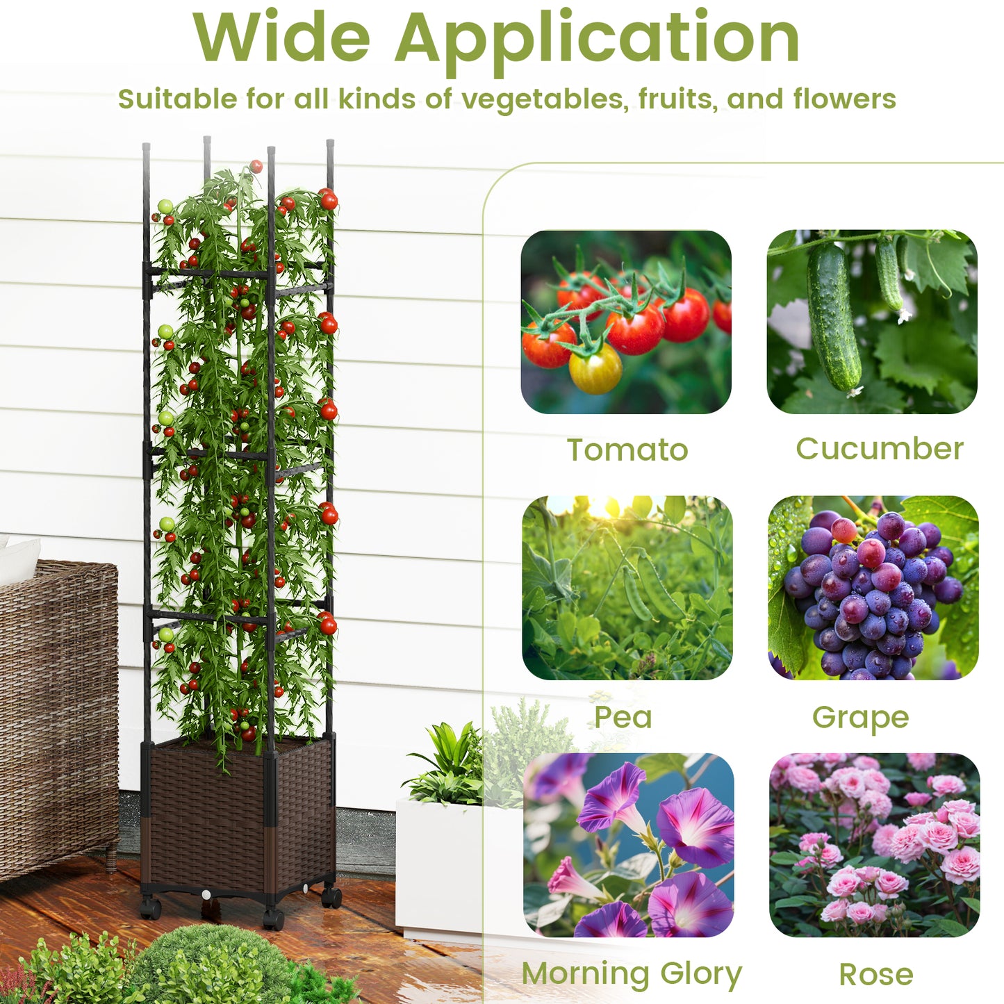 87 Inch Tall Raised Garden Bed with Plant Box Trellis and Lockable Wheels Adjustable Height