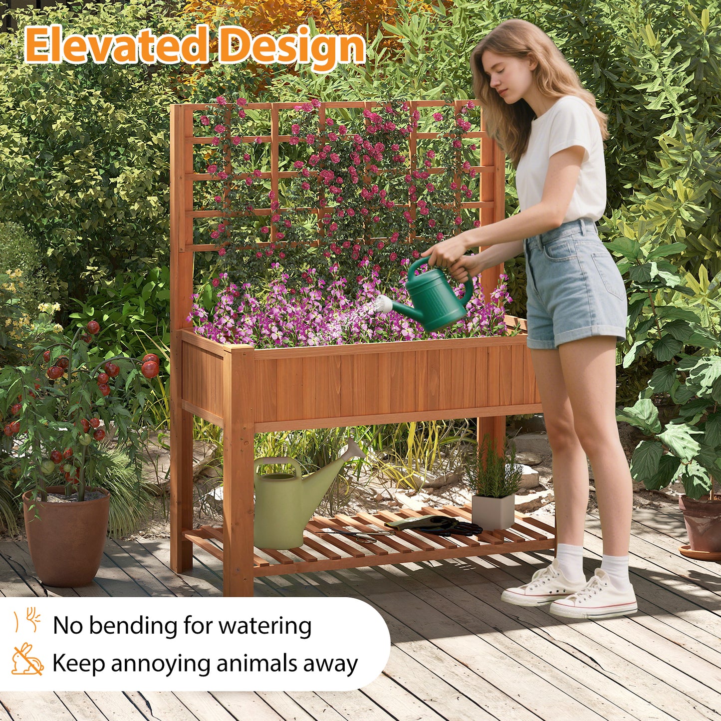 Raised Garden Bed with Trellis Wooden Elevated Planter Box with Legs-Orange