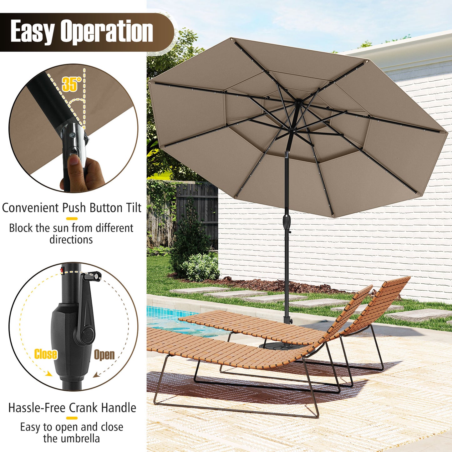 10 Feet Solar Patio Umbrella with 32 LED Lights 3-Tier Vented Top-Taupe